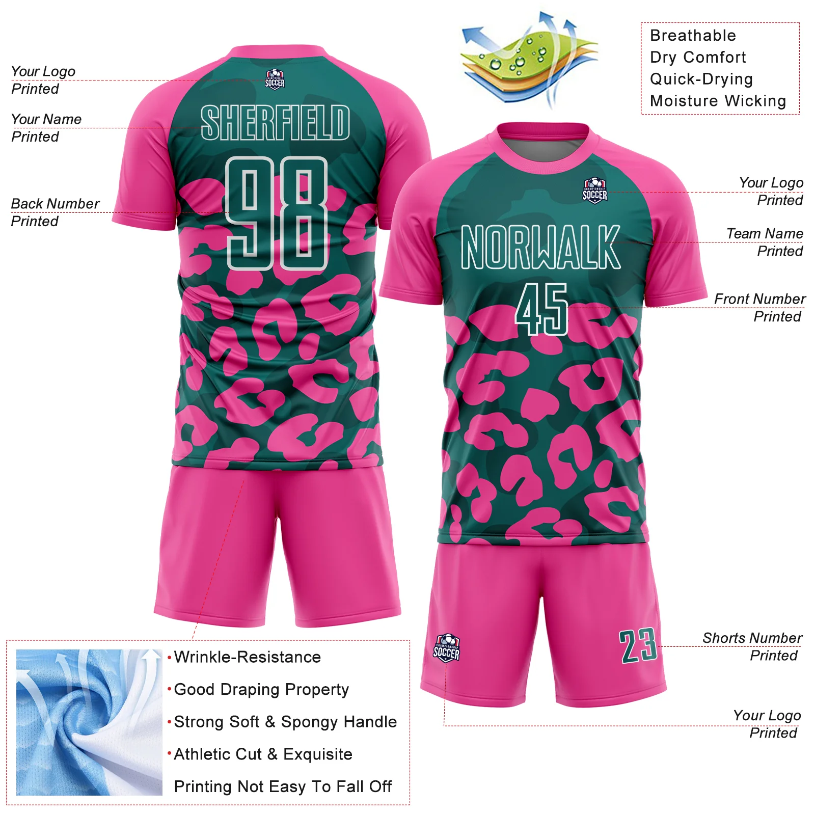 Custom Pink Teal-White Animal Leopard Print Sports Sublimation Soccer Uniform Jersey - Image 4