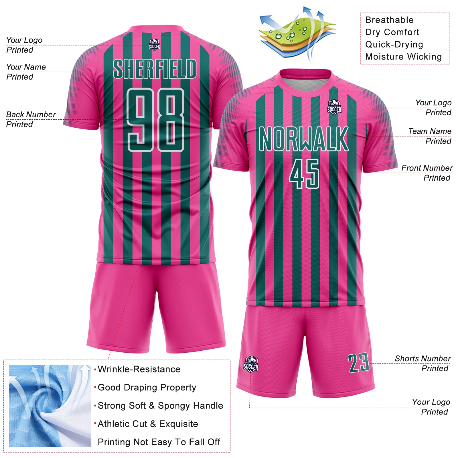 Custom Pink Teal-White Stripe Sports Sublimation Soccer Uniform Jersey - Image 4