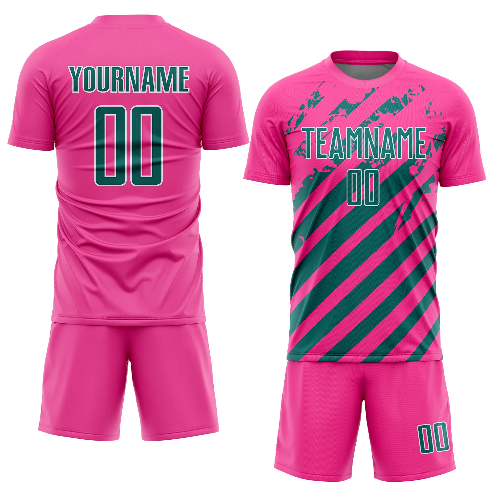 Custom Pink Teal-White Distressed Diagonal Stripe Pattern Sports Sublimation Soccer Uniform Jersey - Image 2