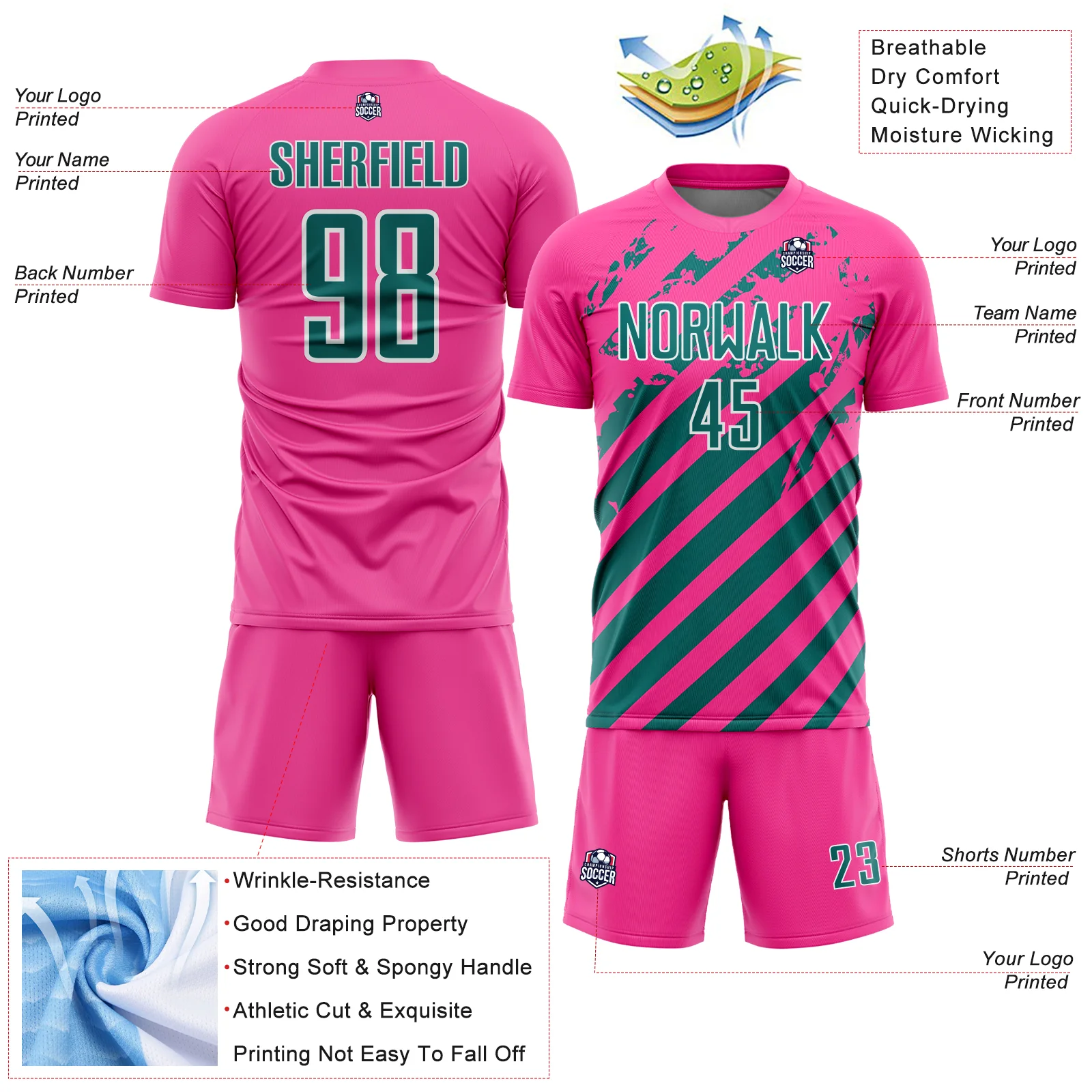 Custom Pink Teal-White Distressed Diagonal Stripe Pattern Sports Sublimation Soccer Uniform Jersey - Image 4