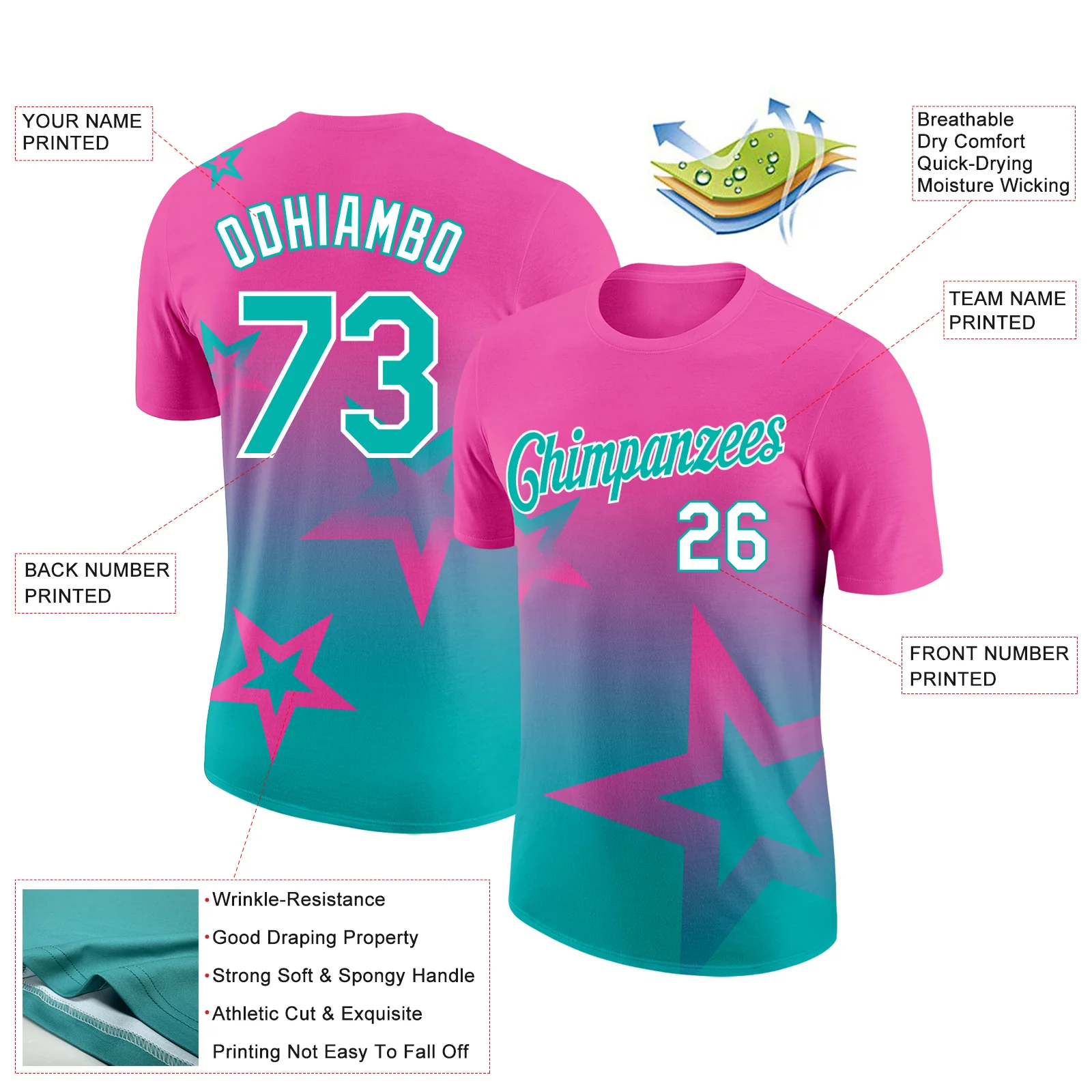 Custom Pink Aqua-White 3D Pattern Design Gradient Style Twinkle Star Performance T-Shirt - Image 2