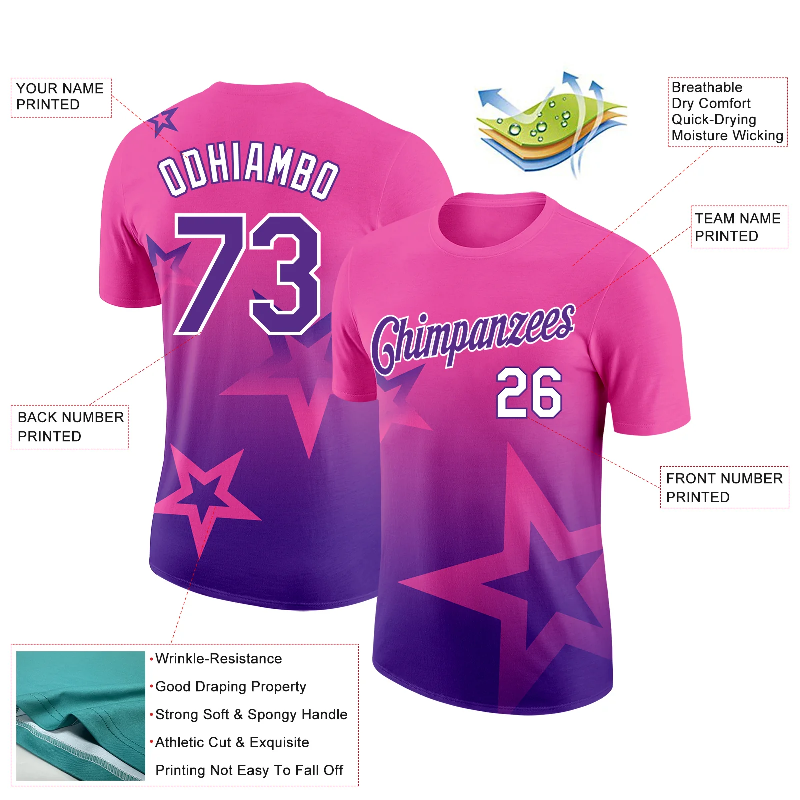 Custom Pink Purple-White 3D Pattern Design Gradient Style Twinkle Star Performance T-Shirt - Image 2