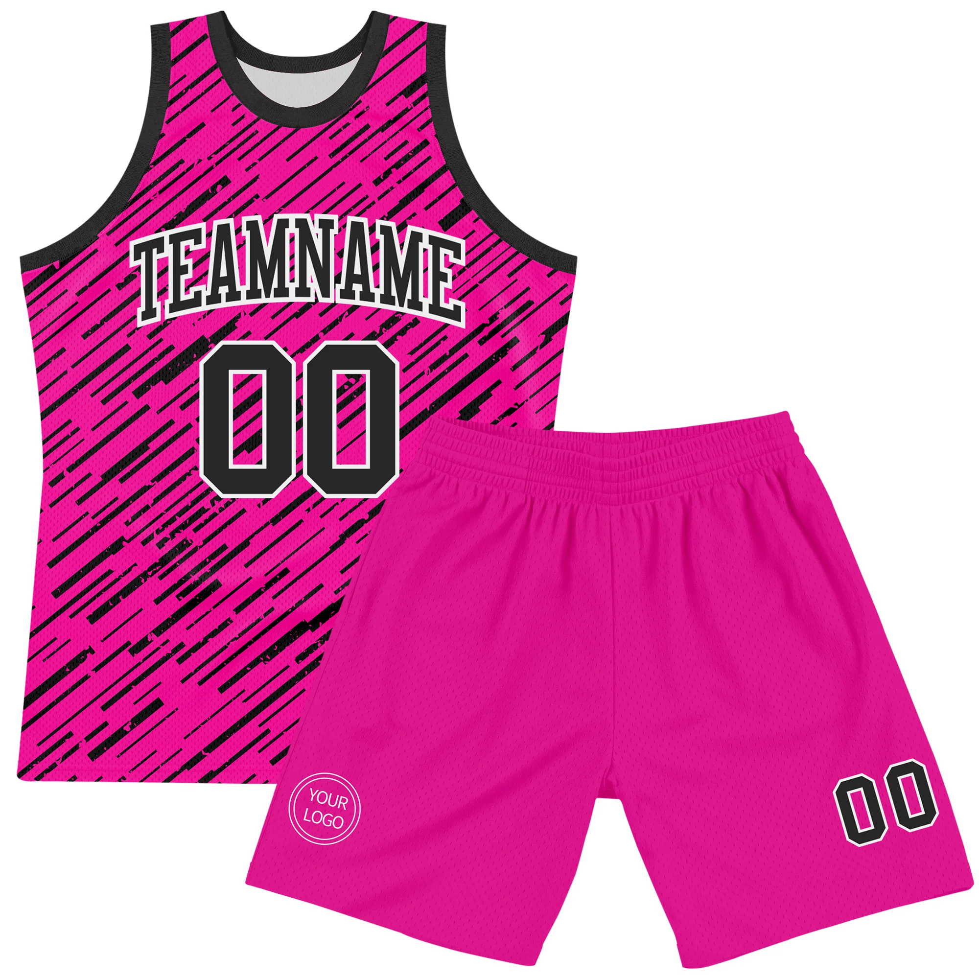 Custom Pink Black-White Line Round Neck Sublimation Basketball Suit Jersey - Image 2