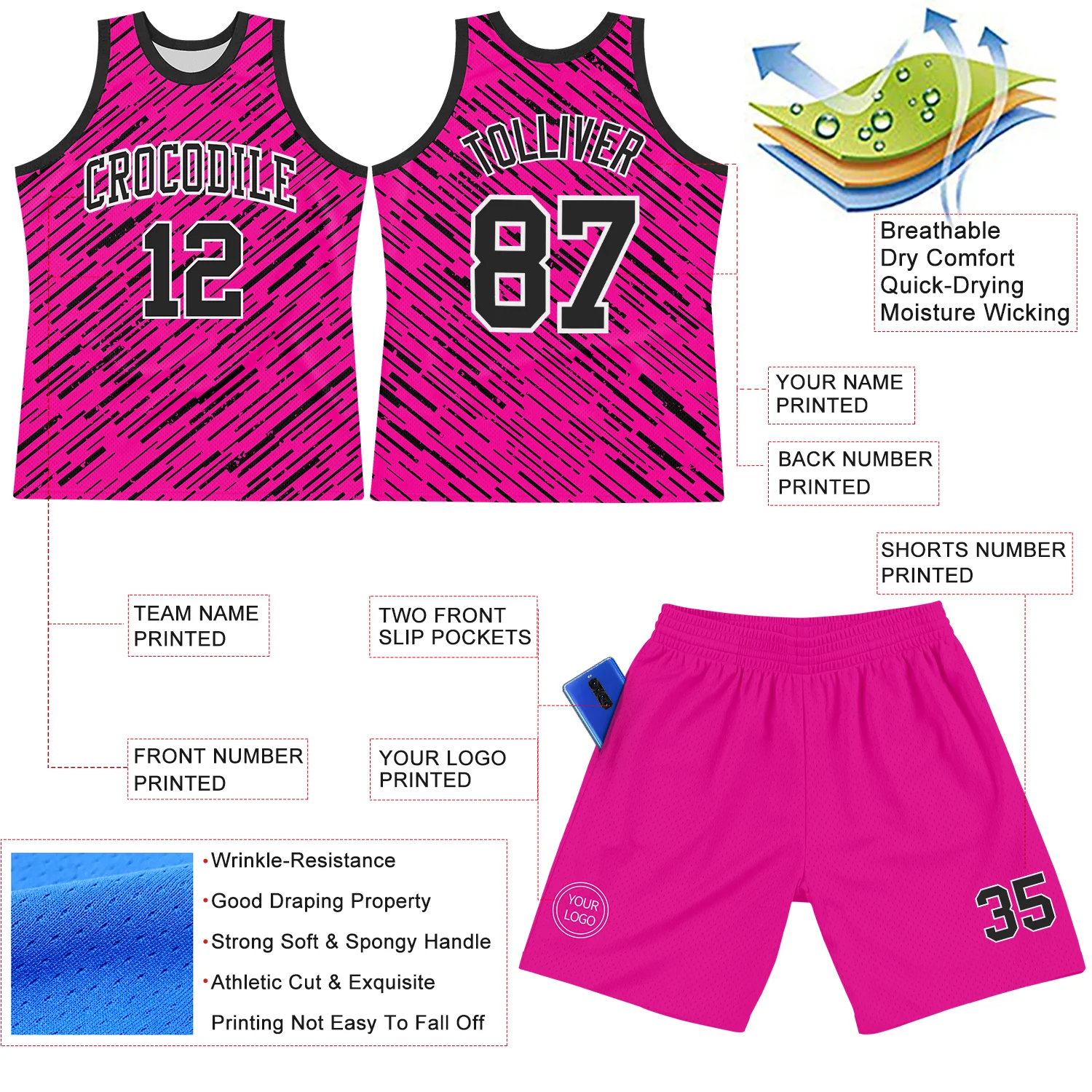 Custom Pink Black-White Line Round Neck Sublimation Basketball Suit Jersey - Image 3