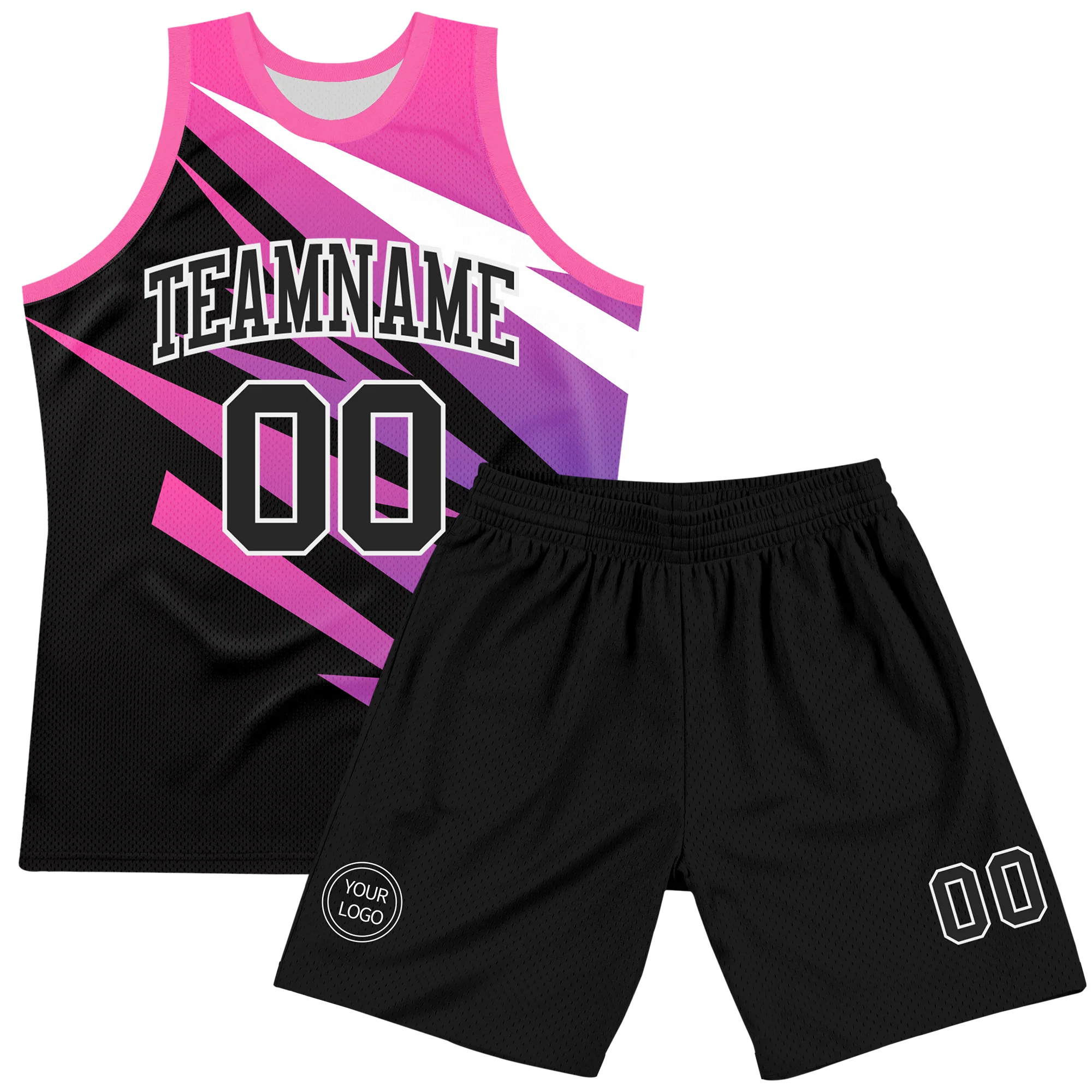 Custom Pink Black-White Line Round Neck Sublimation Basketball Suit Jersey - Image 2
