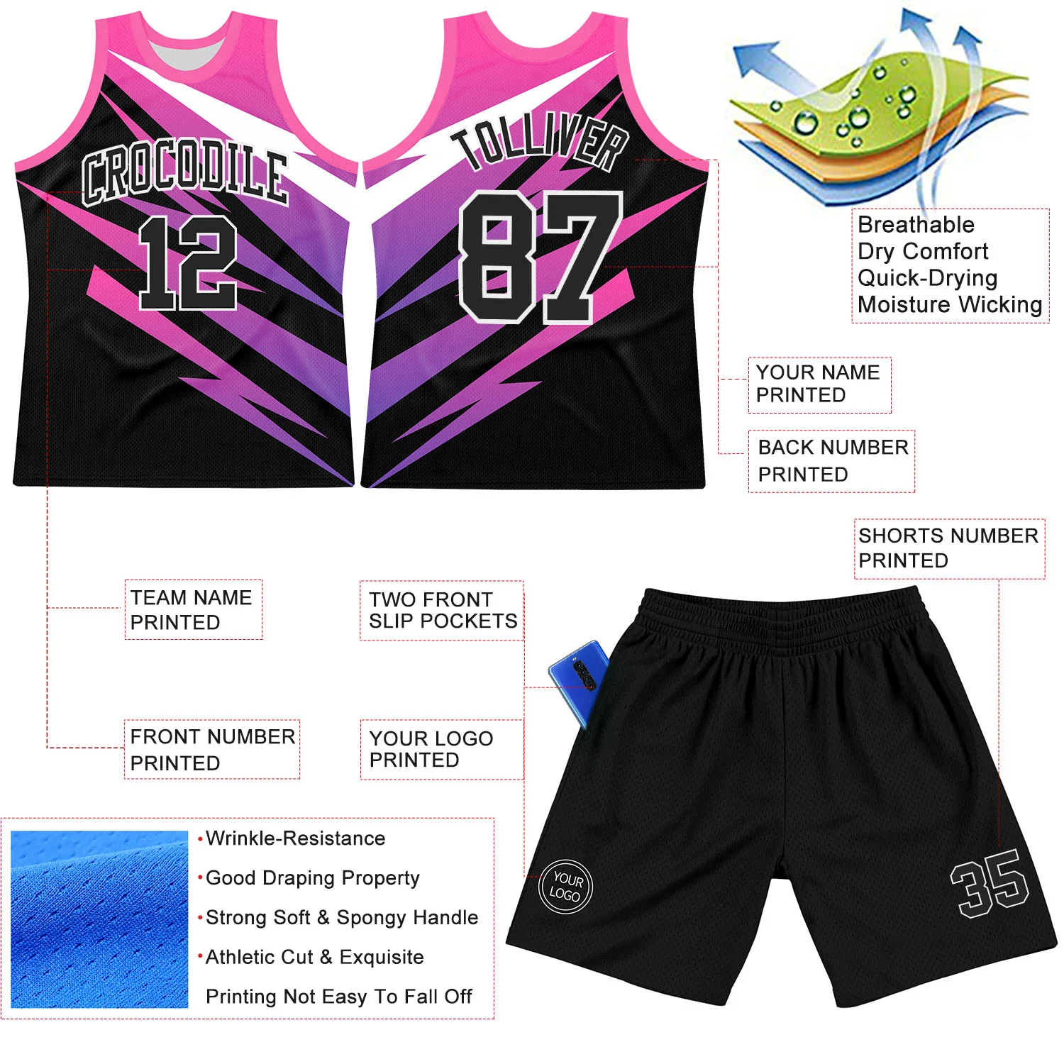 Custom Pink Black-White Line Round Neck Sublimation Basketball Suit Jersey - Image 3