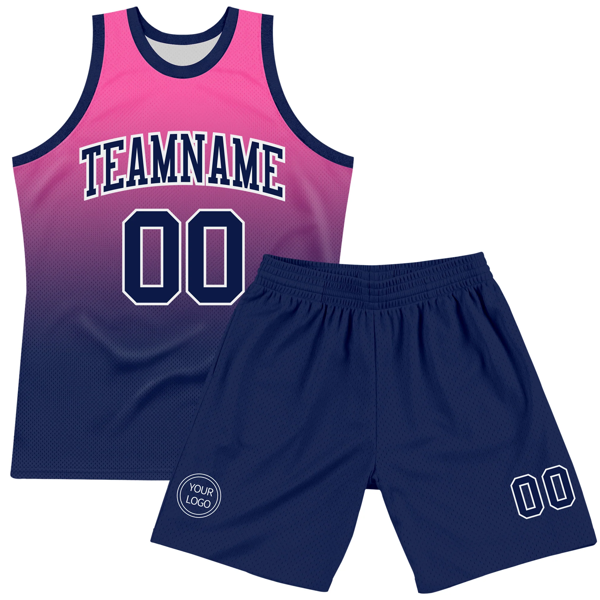 Custom Pink Navy-White Fade Fashion Round Neck Sublimation Basketball Suit Jersey - Image 2