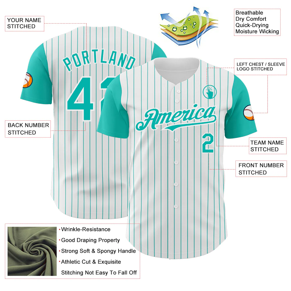 Custom White Aqua Pinstripe Aqua Authentic Two Tone Baseball Jersey - Image 3