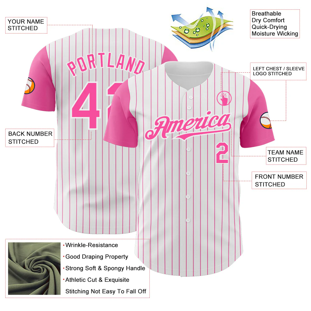 Custom White Pink Pinstripe Pink Authentic Two Tone Baseball Jersey - Image 3
