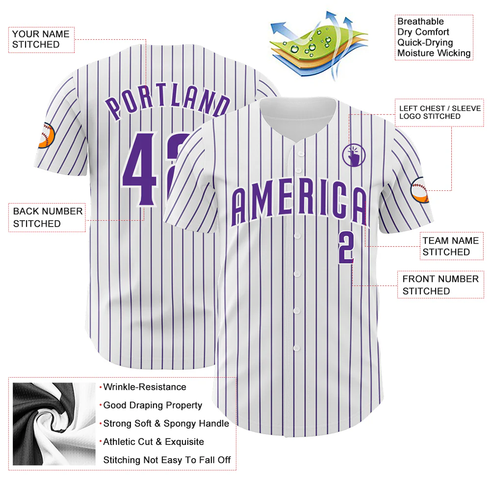 Custom White Purple Pinstripe Purple Authentic Baseball Jersey - Image 3