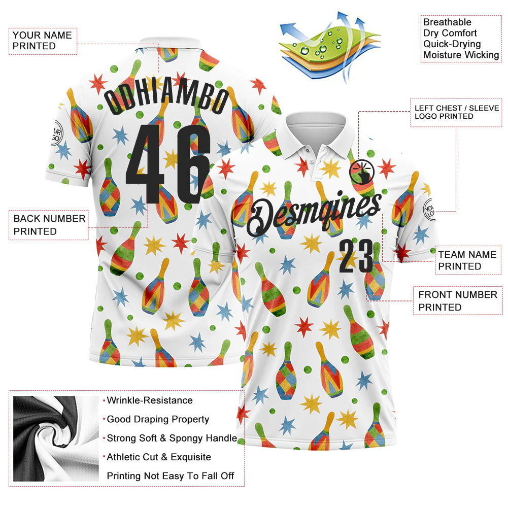 Custom White Black 3D Bowling Watercolor Performance Polo Shirt - Image 3