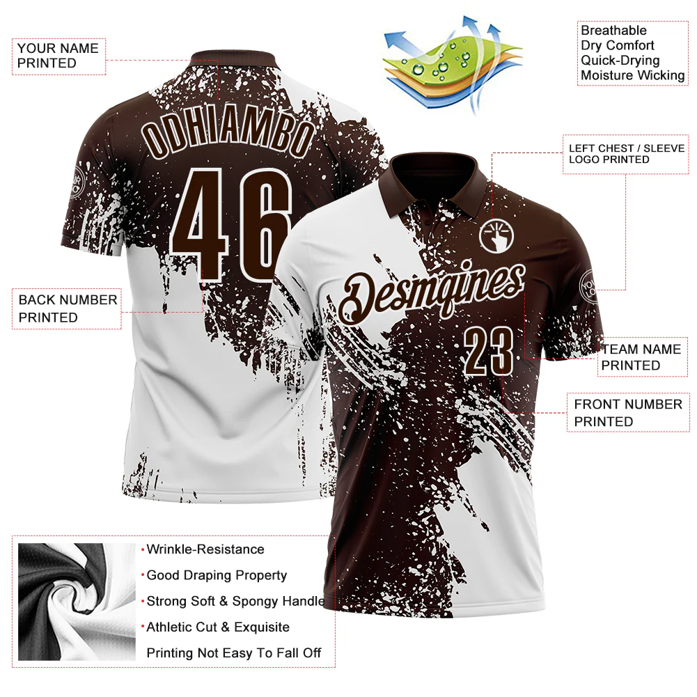 Custom White Brown 3D Pattern Design Abstract Brush Stroke Performance Polo Shirt - Image 3
