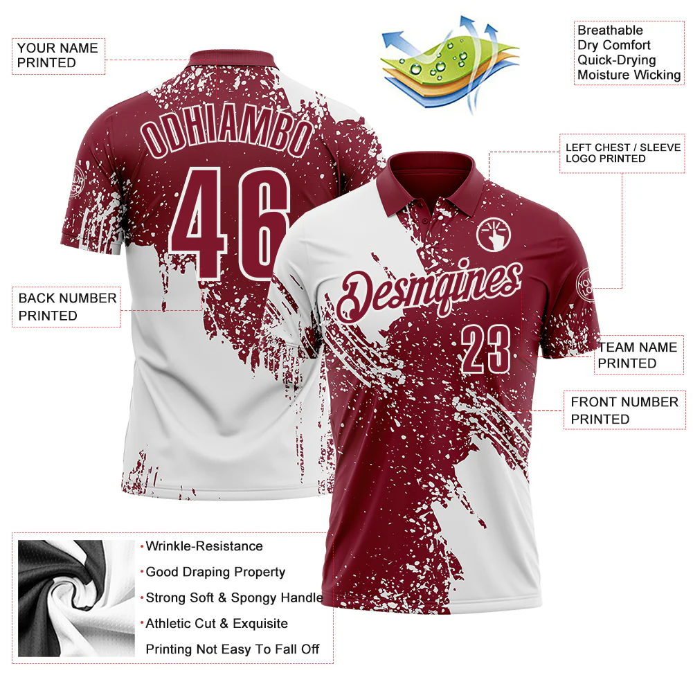 Custom White Crimson 3D Pattern Design Abstract Brush Stroke Performance Polo Shirt - Image 3