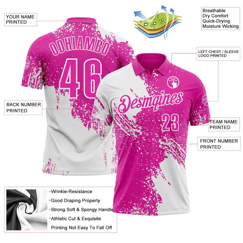 Custom White Deep Pink 3D Pattern Design Abstract Brush Stroke Performance Polo Shirt - Image 3