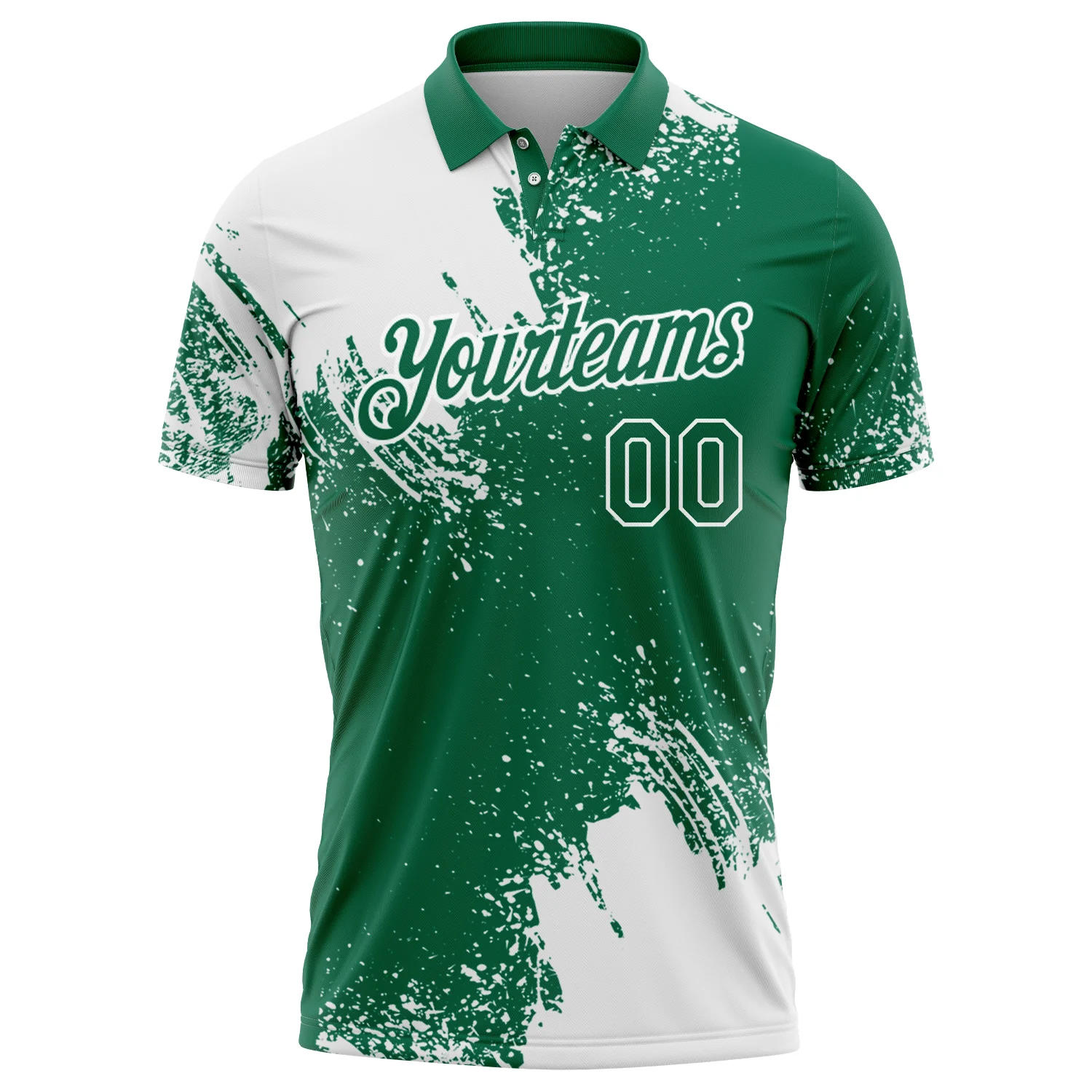 Custom White Kelly Green 3D Pattern Design Abstract Brush Stroke Performance Polo Shirt - Image 2