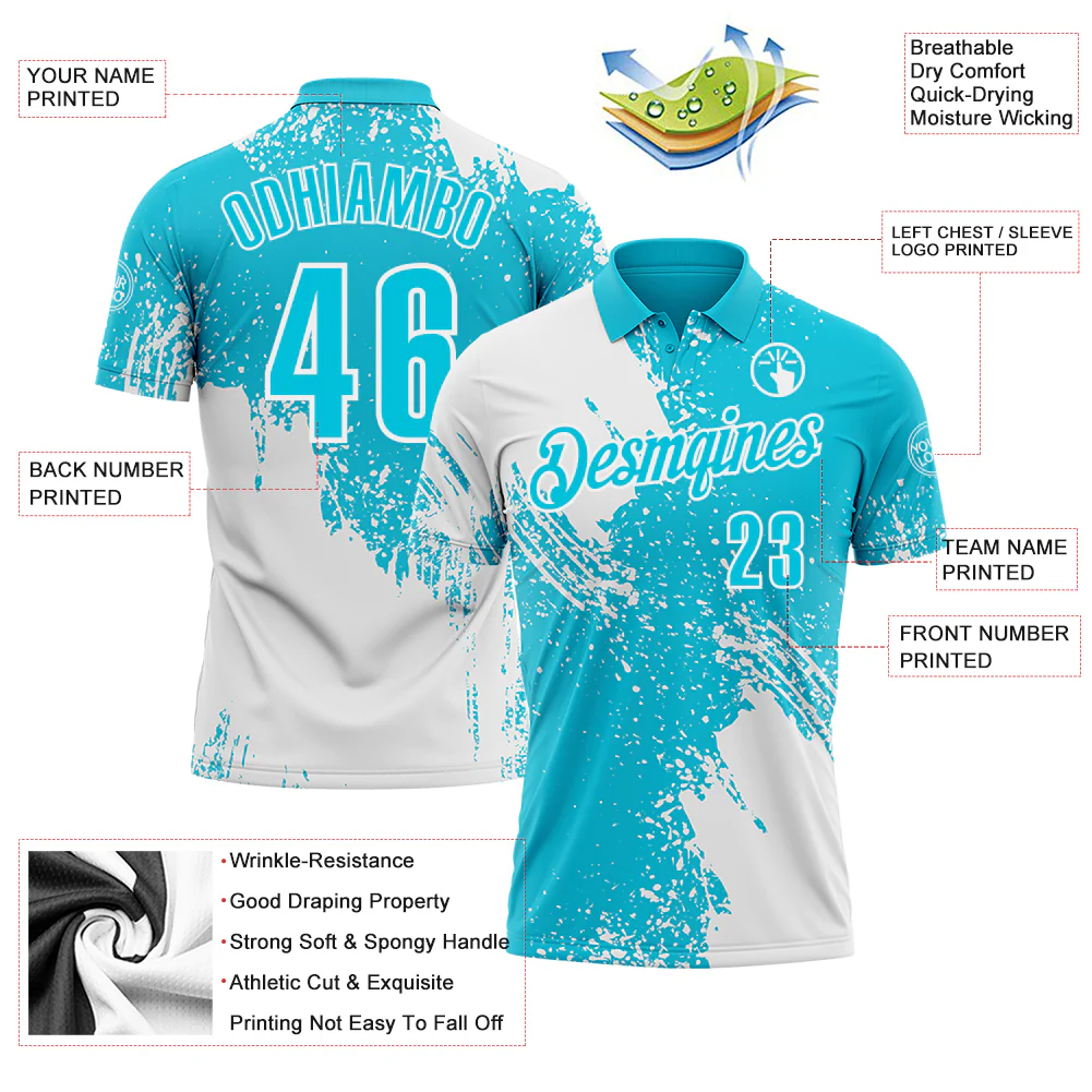 Custom White Lakes Blue 3D Pattern Design Abstract Brush Stroke Performance Polo Shirt - Image 3
