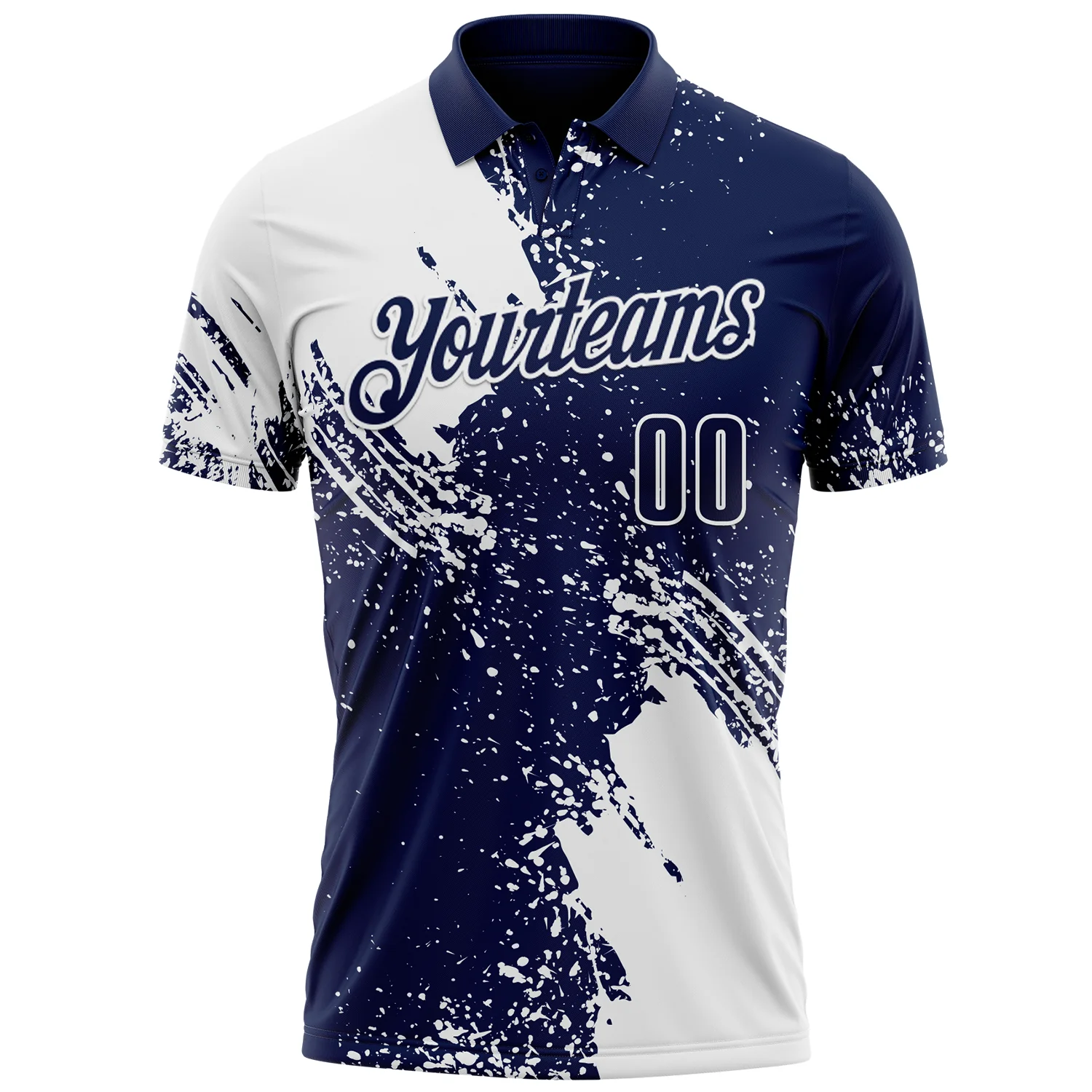 Custom White Navy 3D Pattern Design Abstract Brush Stroke Performance Polo Shirt - Image 2