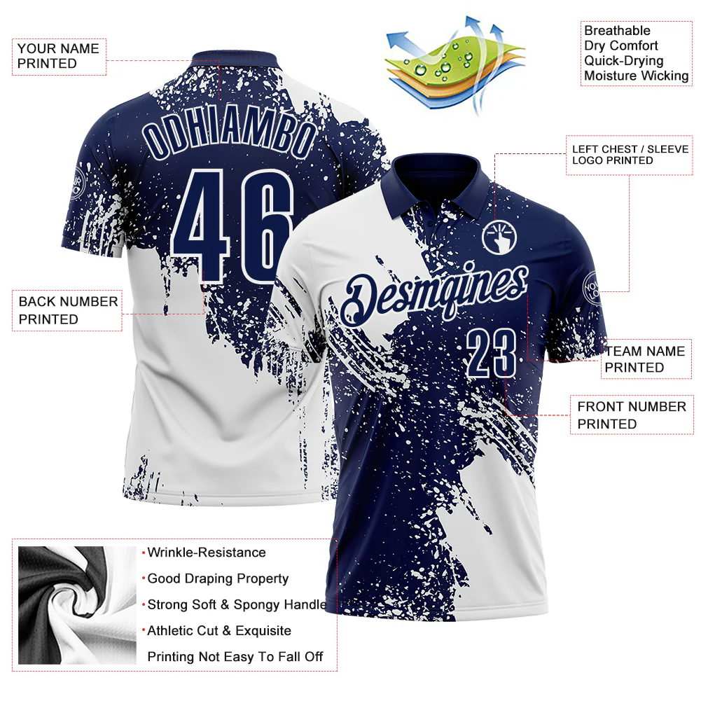 Custom White Navy 3D Pattern Design Abstract Brush Stroke Performance Polo Shirt - Image 3