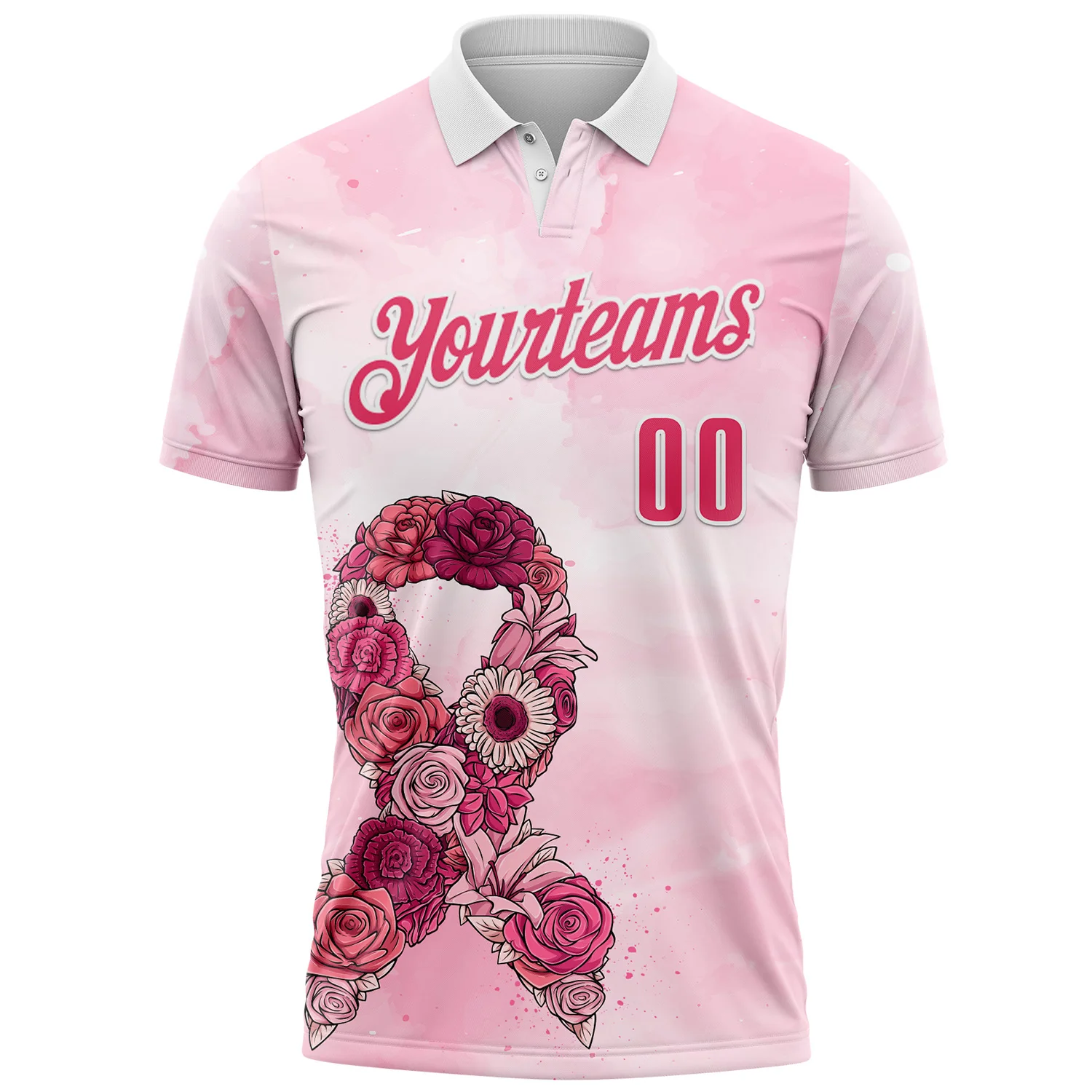 Custom White Neon Pink 3D Pink Ribbon Breast Cancer Awareness Performance Polo Shirt - Image 2