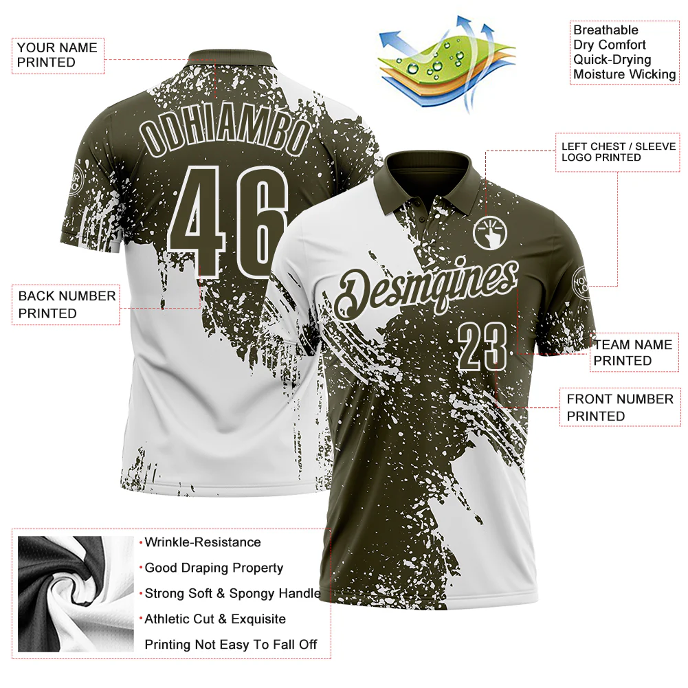 Custom White Olive 3D Pattern Design Abstract Brush Stroke Performance Polo Shirt - Image 3