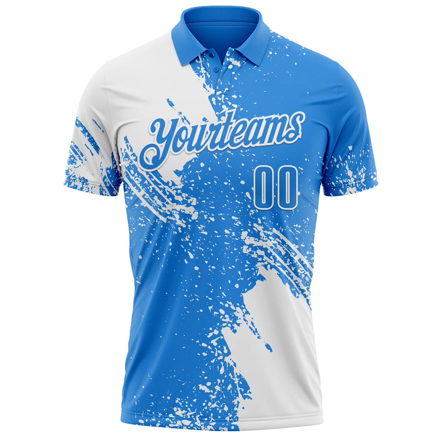 Custom White Powder Blue 3D Pattern Design Abstract Brush Stroke Performance Polo Shirt - Image 2