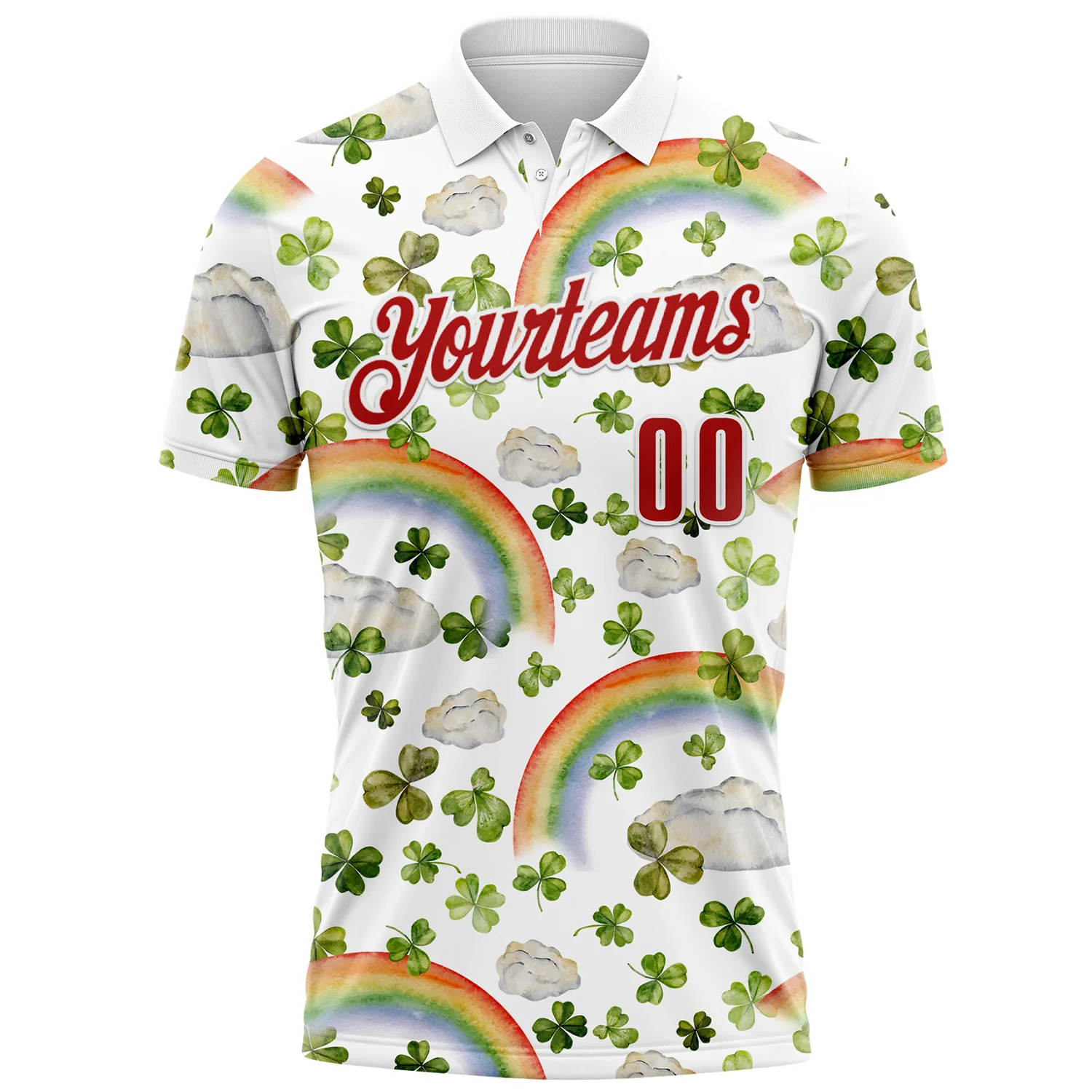 Custom White Red 3D St. Patrick's Day Shamrock Performance Polo Shirt - Image 2
