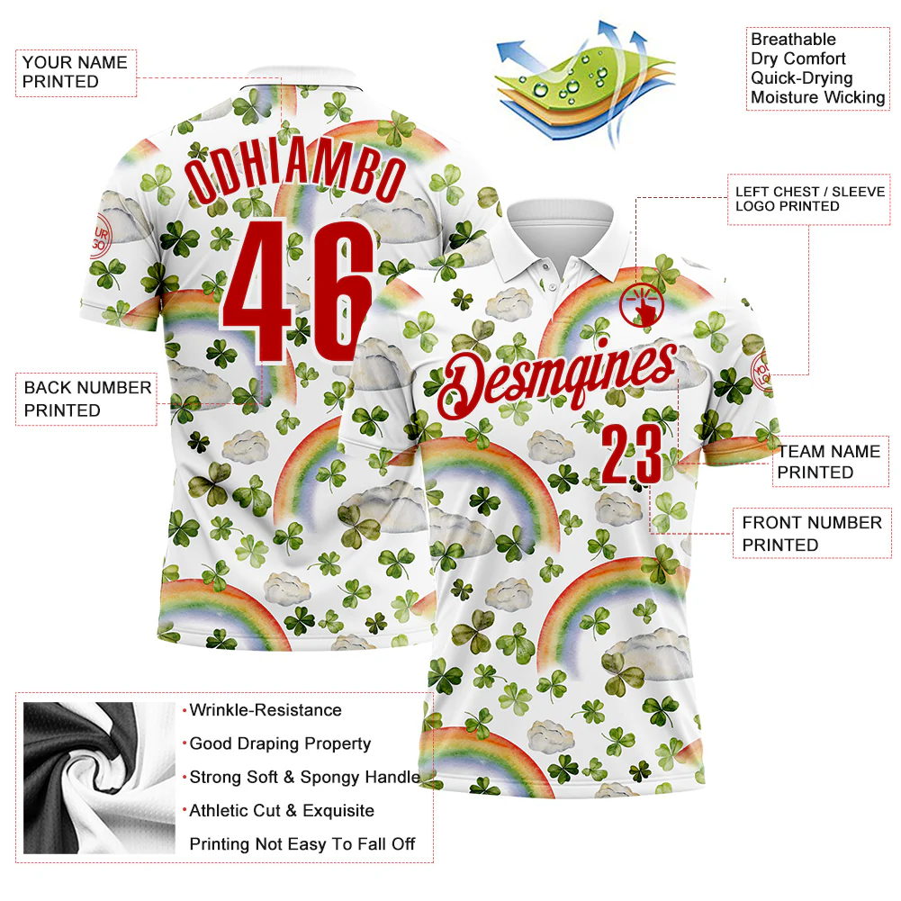 Custom White Red 3D St. Patrick's Day Shamrock Performance Polo Shirt - Image 3