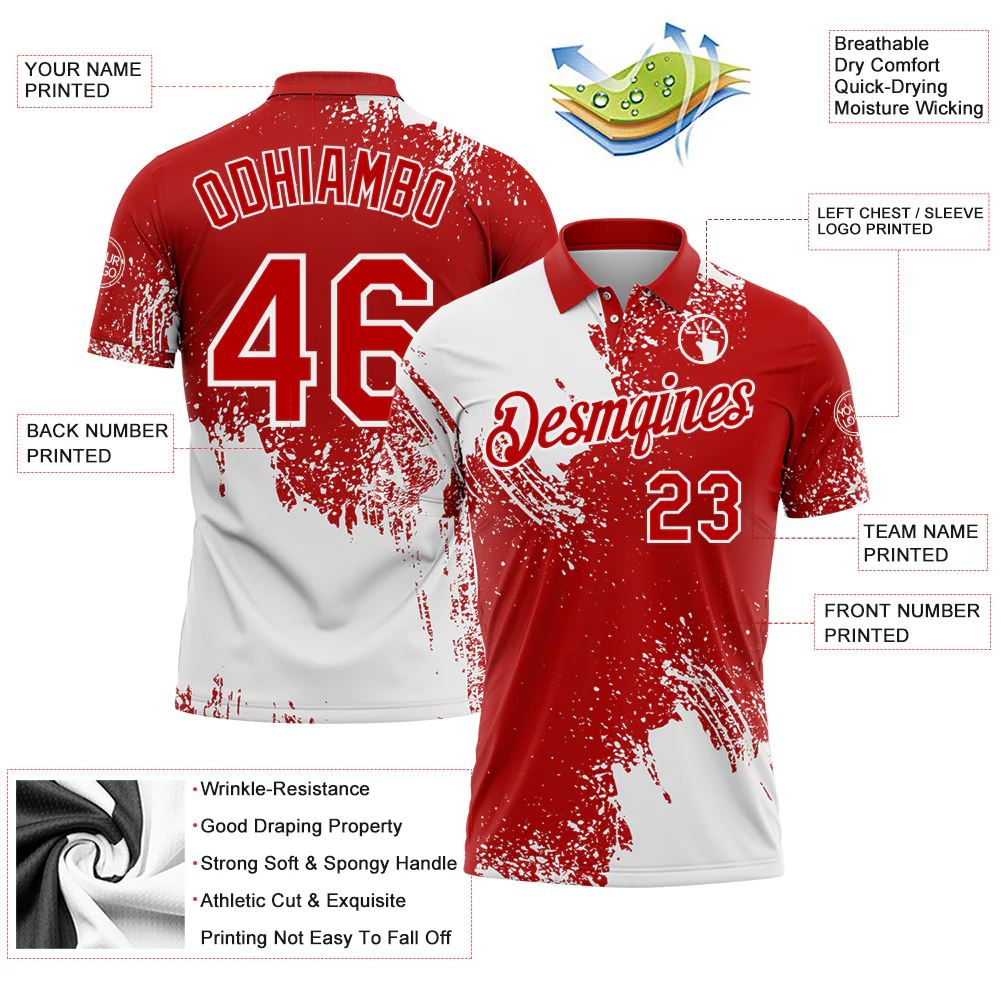 Custom White Red 3D Pattern Design Abstract Brush Stroke Performance Polo Shirt - Image 3
