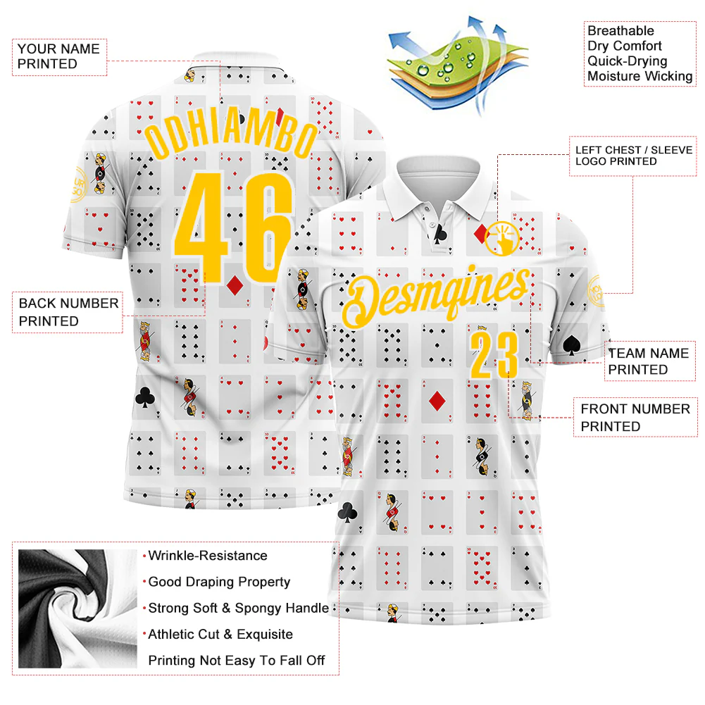 Custom White Yellow 3D Gambling Poker Performance Polo Shirt - Image 3