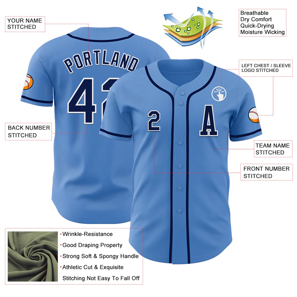 Custom Powder Blue Navy-White Authentic Baseball Jersey - Image 2