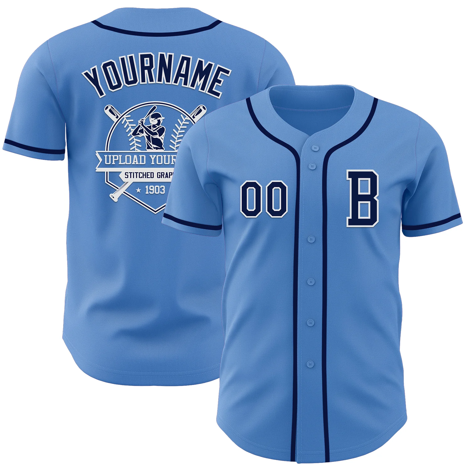 Custom Powder Blue Navy-White Authentic Baseball Jersey - Image 5