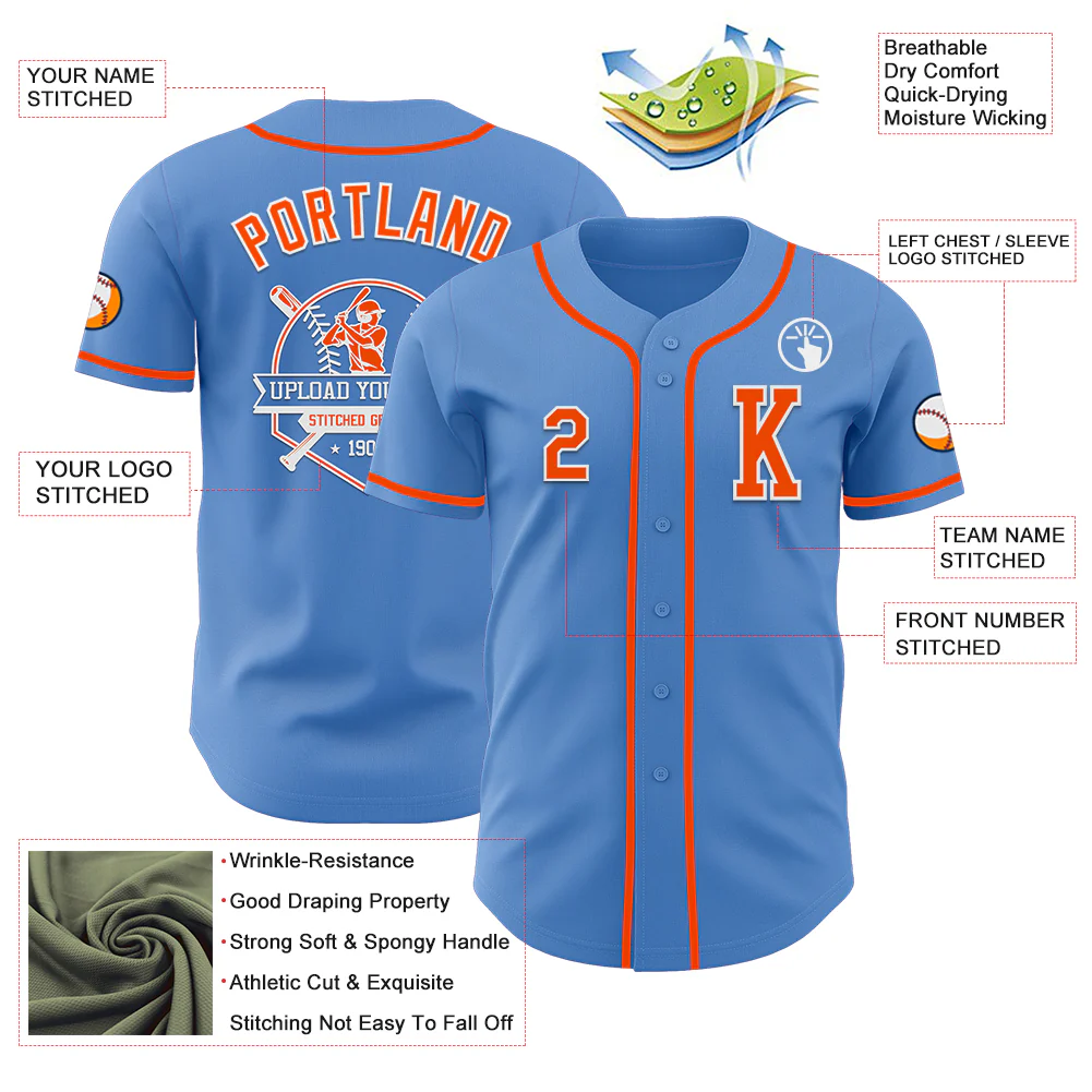 Custom Powder Blue Orange-White Authentic Baseball Jersey - Image 6