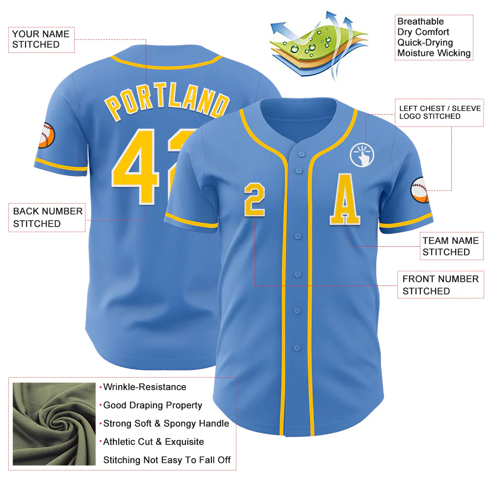 Custom Powder Blue Yellow-White Authentic Baseball Jersey - Image 2