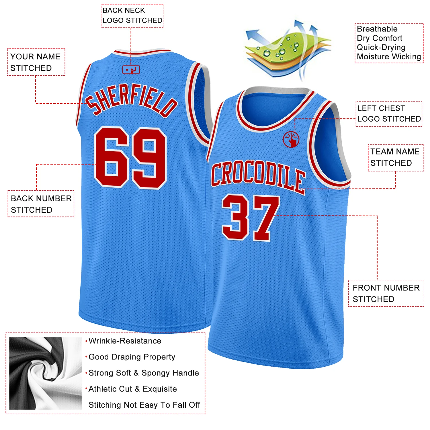 Custom Powder Blue Red-White Authentic Basketball Jersey - Image 2