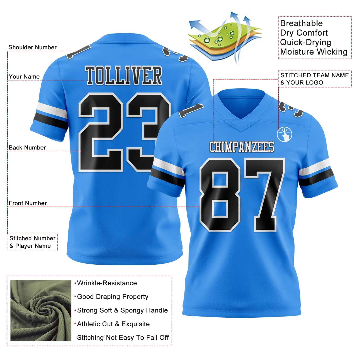 Custom Powder Blue Black-White Authentic Football Jersey - Image 3
