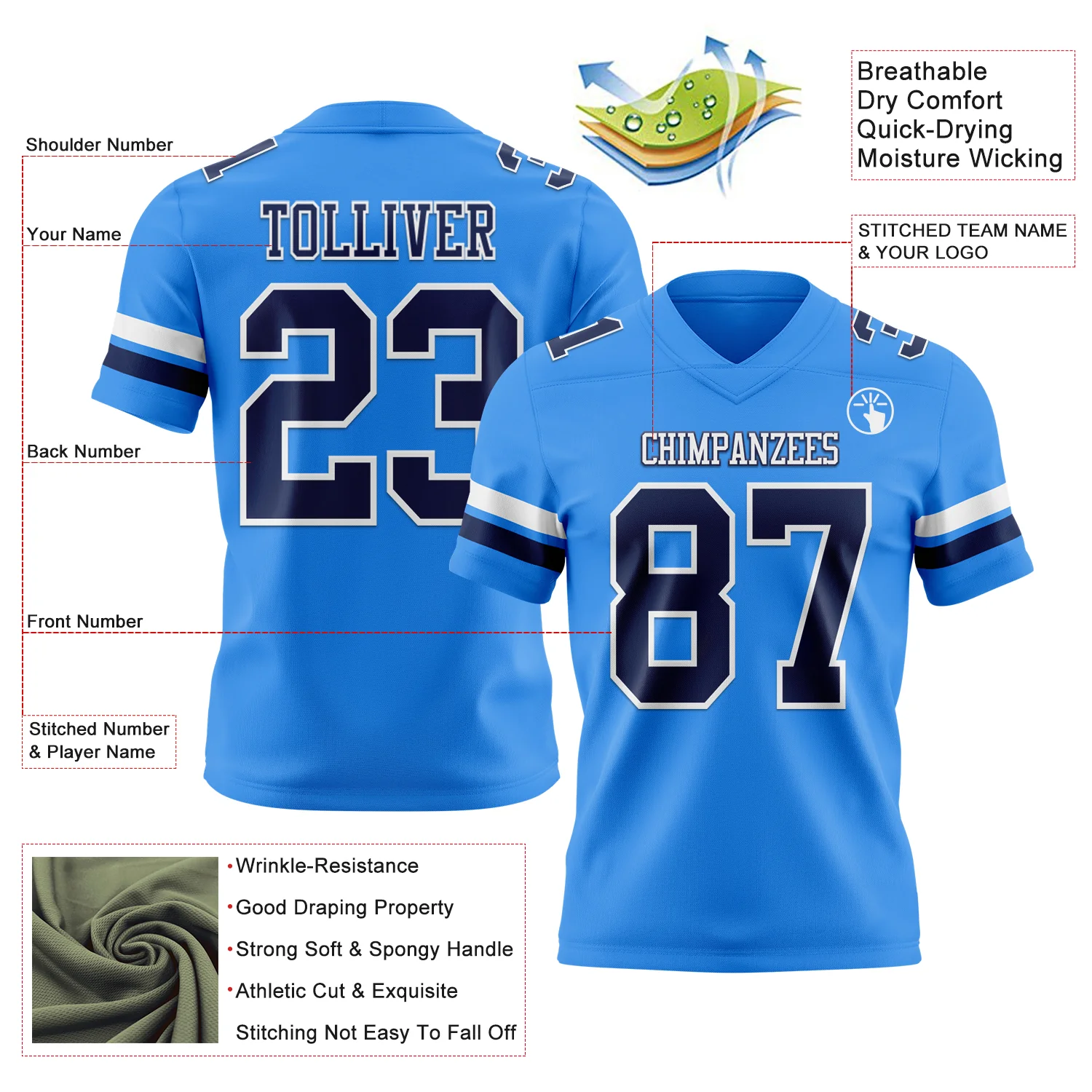 Custom Powder Blue Navy-White Authentic Football Jersey - Image 3