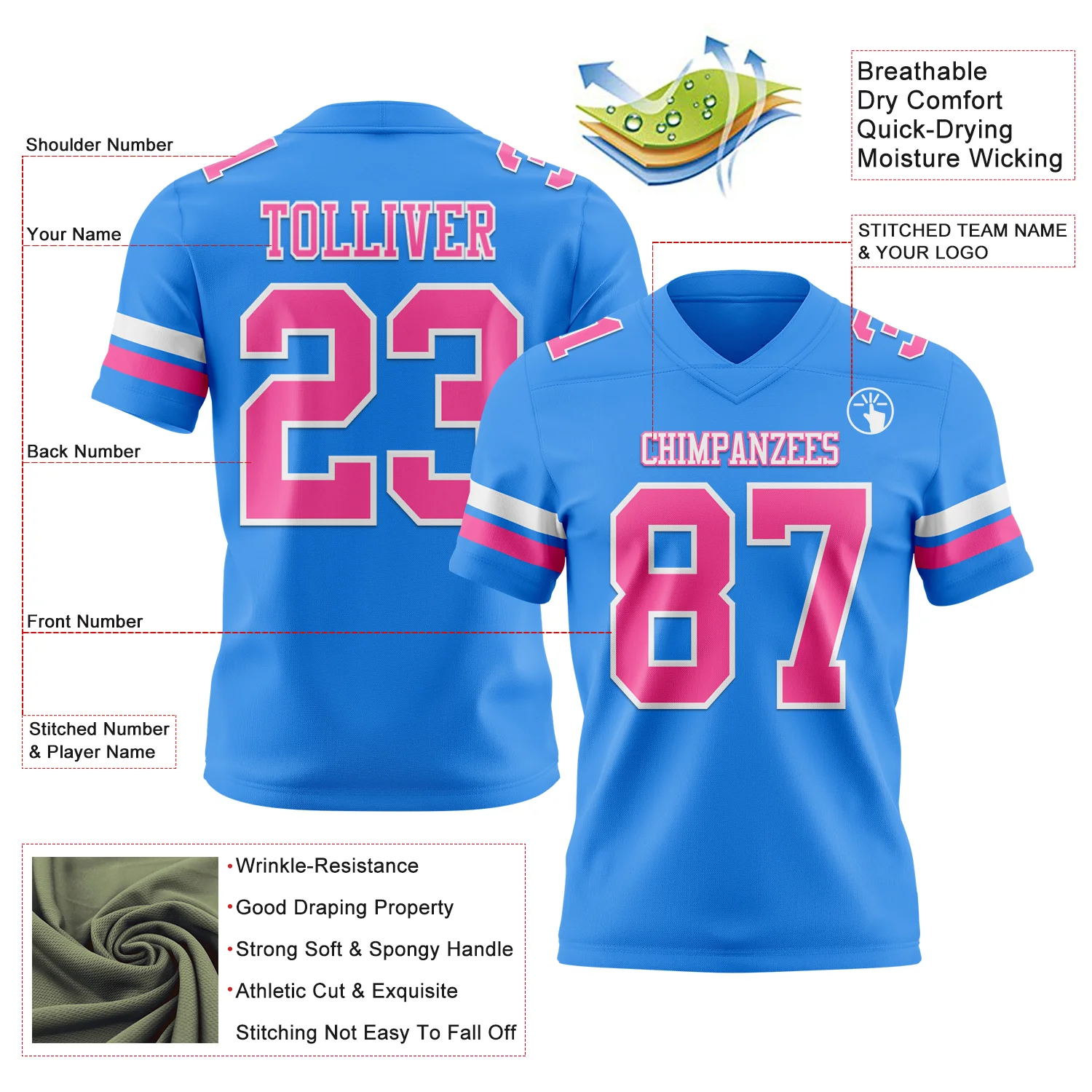 Custom Powder Blue Pink-White Authentic Football Jersey - Image 3
