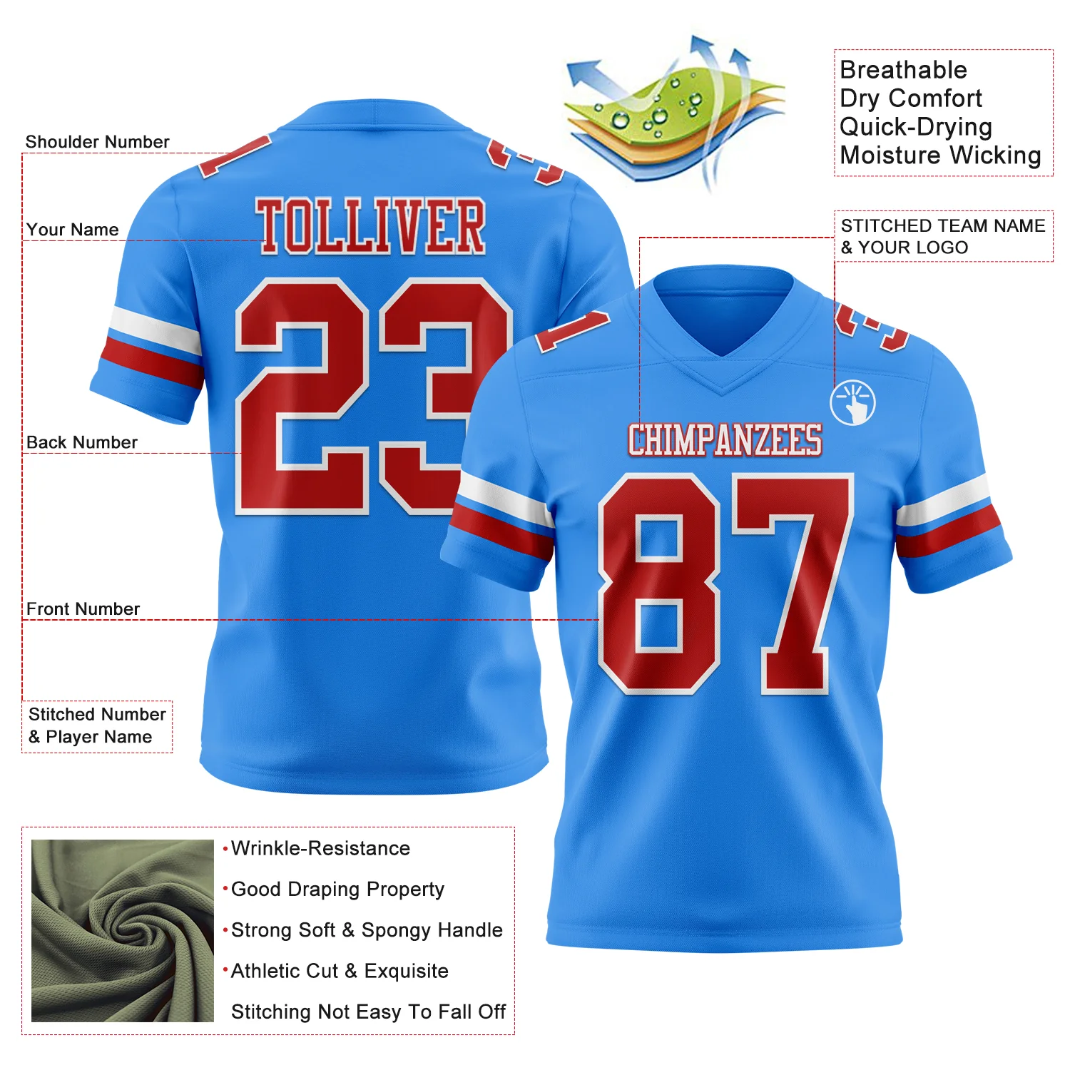 Custom Powder Blue Red-White Authentic Football Jersey - Image 3