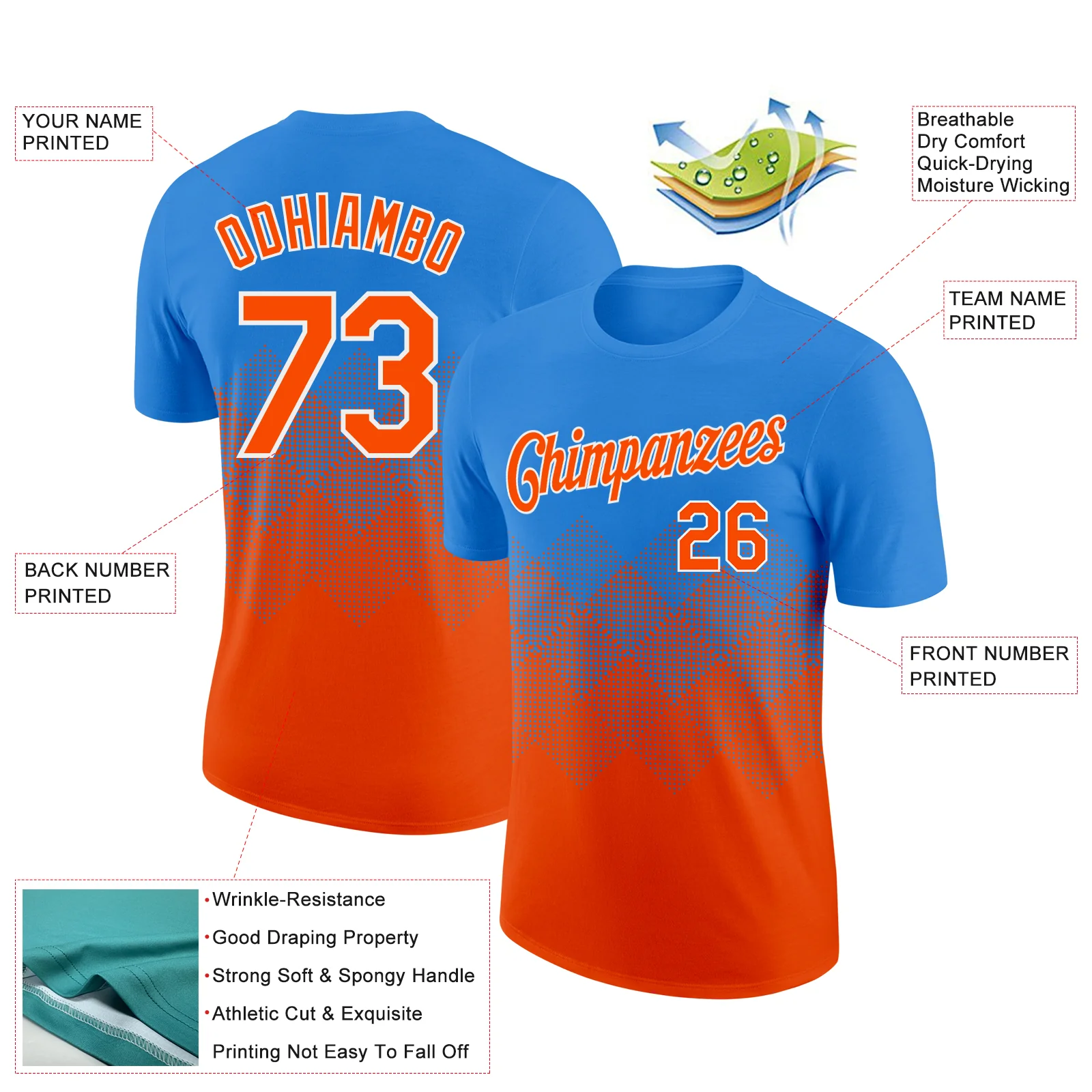 Custom Powder Blue Orange-White 3D Pattern Design Gradient Square Shapes Performance T-Shirt - Image 2