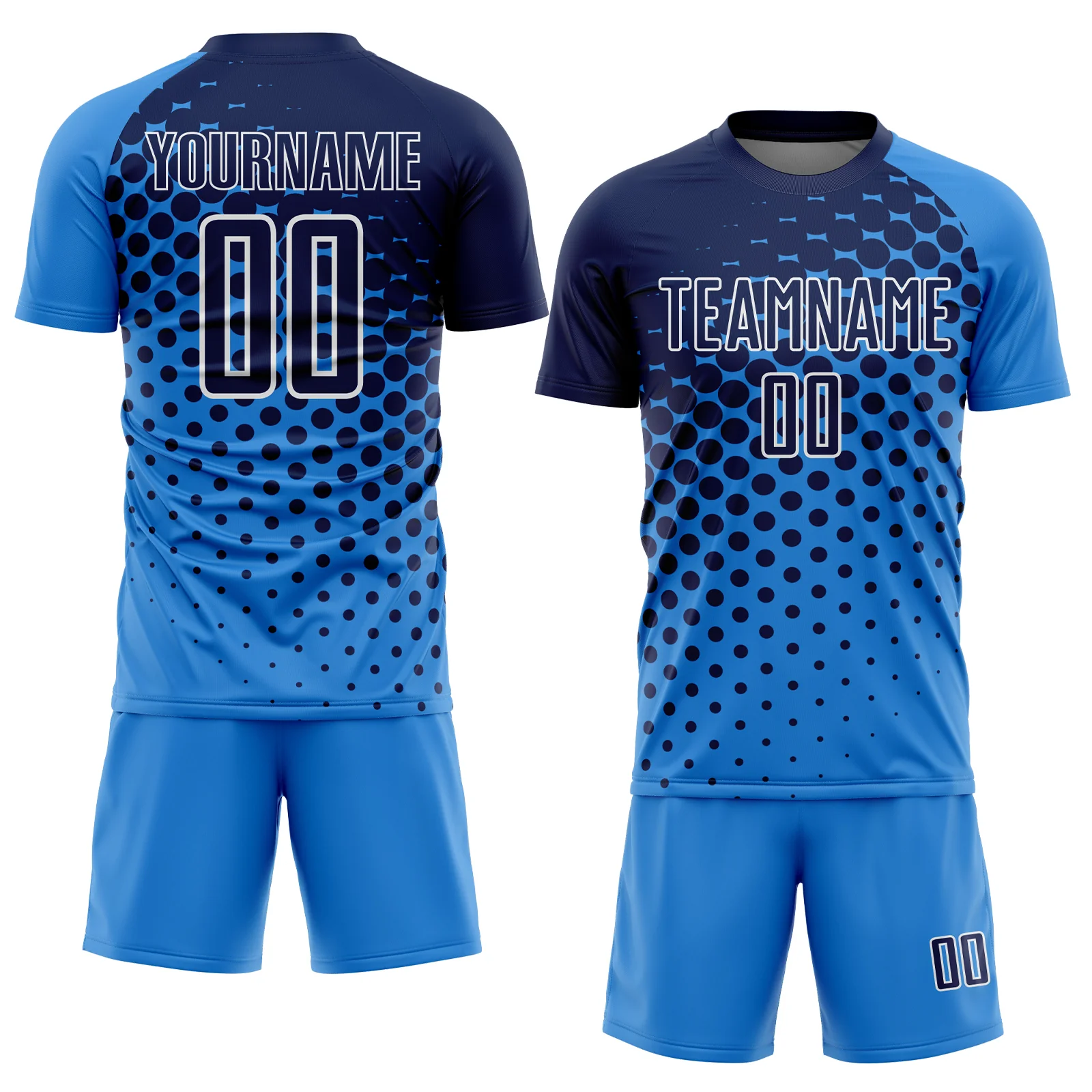 Custom Powder Blue Navy-White Modern Polka Dot Sublimation Soccer Uniform Jersey - Image 2