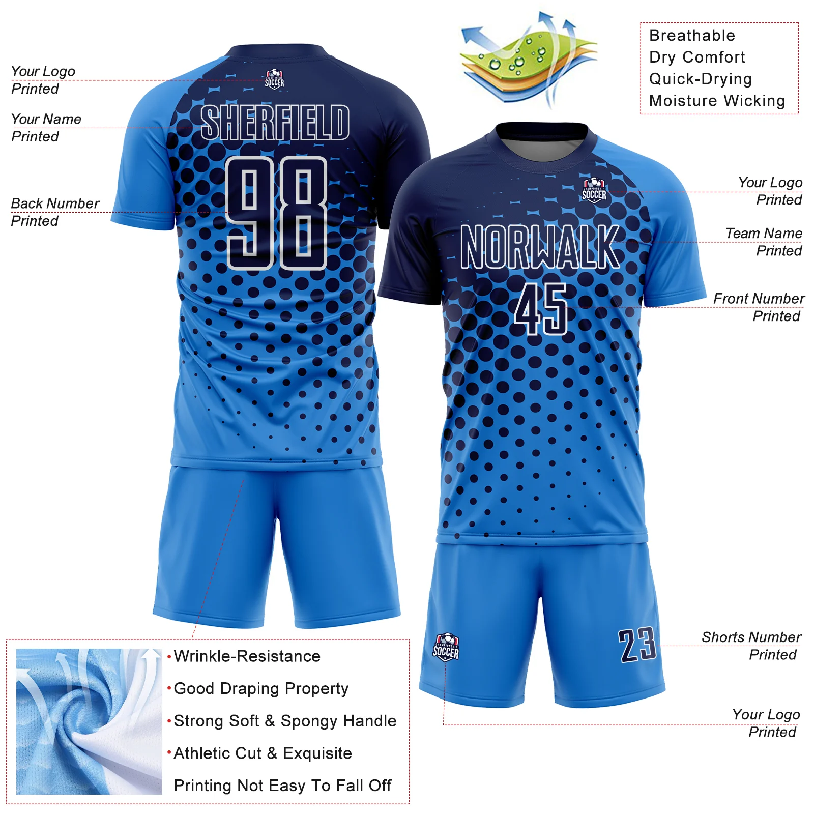 Custom Powder Blue Navy-White Modern Polka Dot Sublimation Soccer Uniform Jersey - Image 4