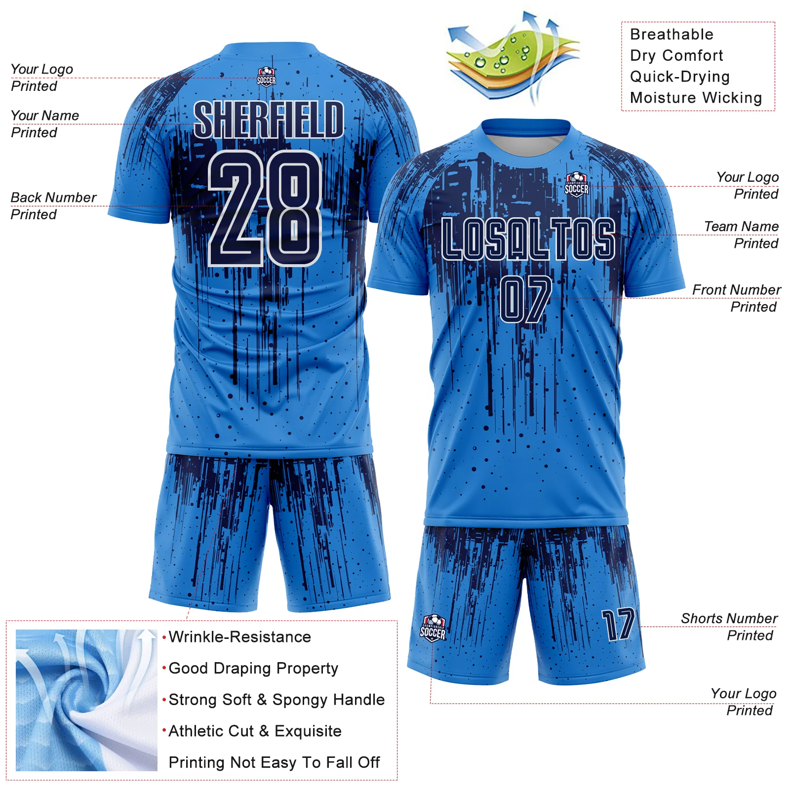 Custom Powder Blue Navy-White Dripping Splatte Pattern Sports Sublimation Soccer Uniform Jersey - Image 4