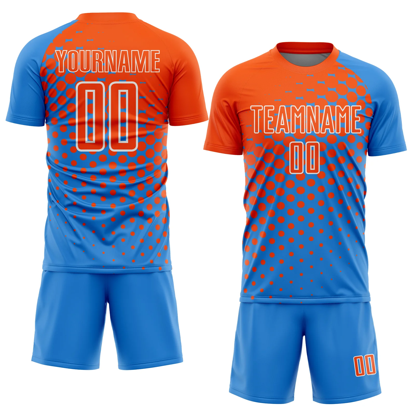 Custom Powder Blue Orange-White Modern Polka Dot Sublimation Soccer Uniform Jersey - Image 2
