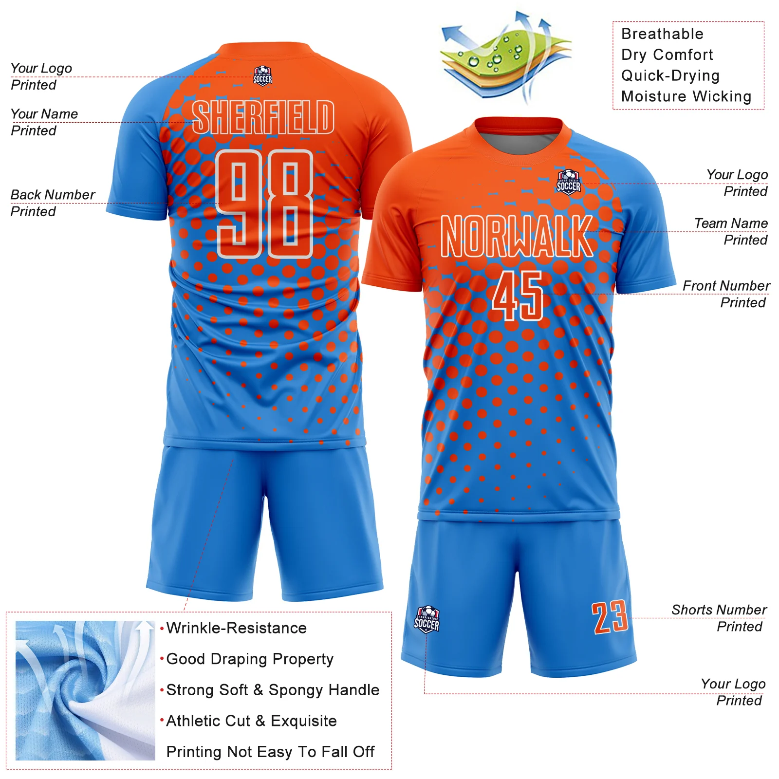 Custom Powder Blue Orange-White Modern Polka Dot Sublimation Soccer Uniform Jersey - Image 4