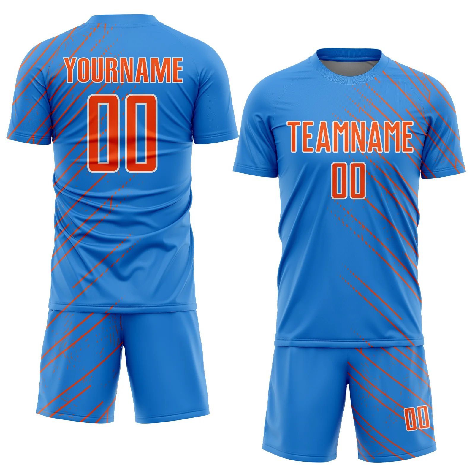 Custom Powder Blue Orange-White Lines Sports Sublimation Soccer Uniform Jersey - Image 2