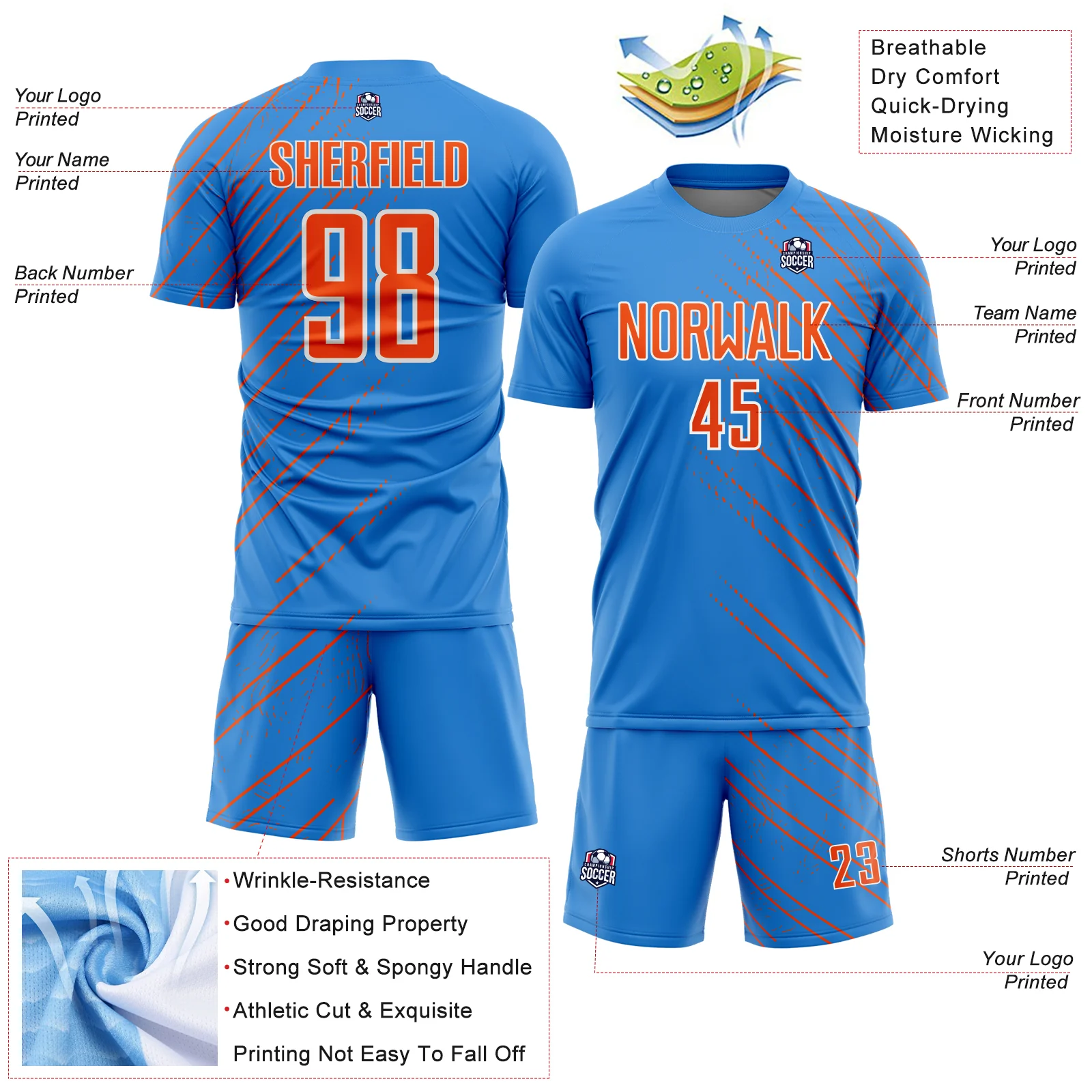 Custom Powder Blue Orange-White Lines Sports Sublimation Soccer Uniform Jersey - Image 4