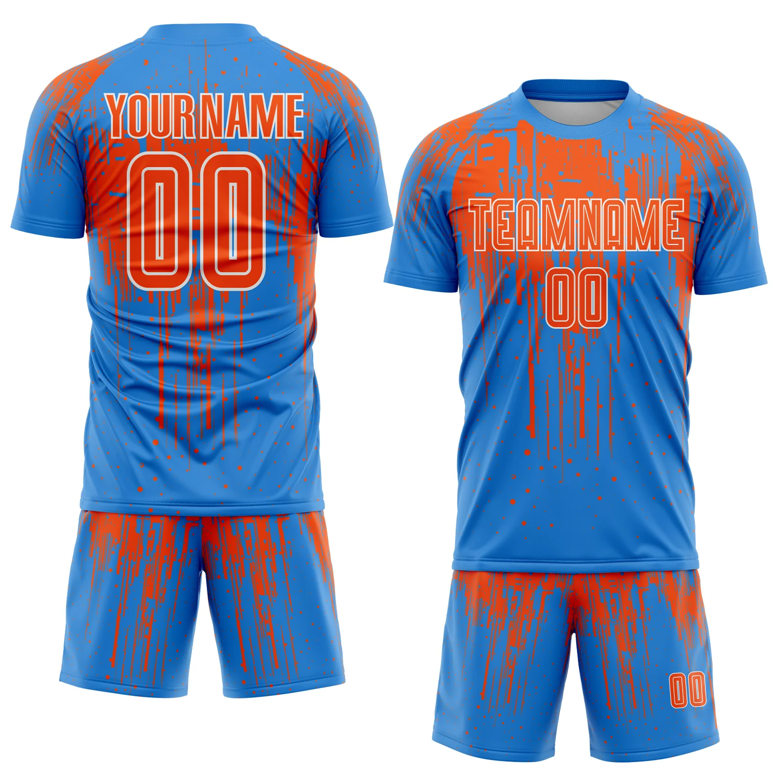 Custom Powder Blue Orange-White Dripping Splatte Pattern Sports Sublimation Soccer Uniform Jersey - Image 2