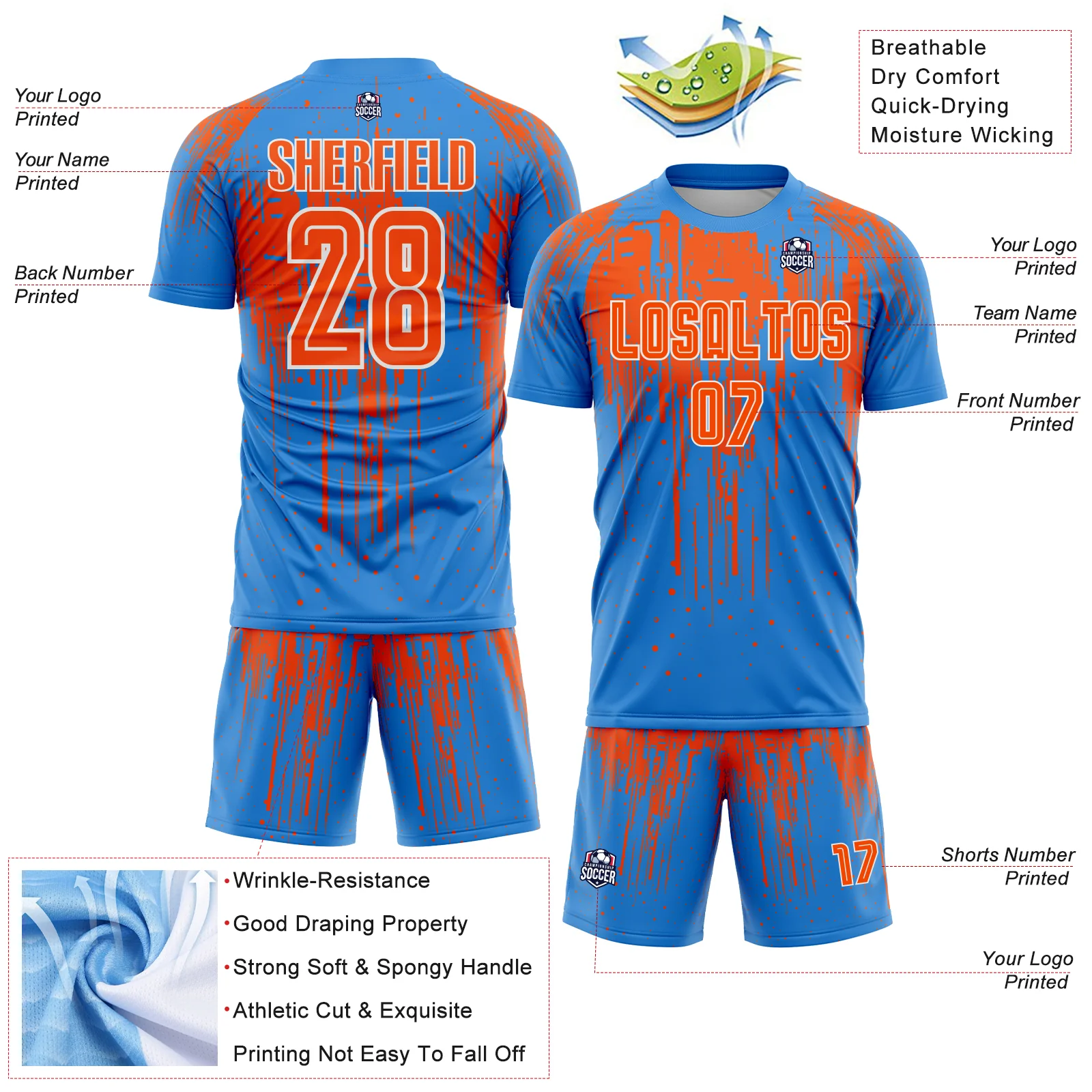 Custom Powder Blue Orange-White Dripping Splatte Pattern Sports Sublimation Soccer Uniform Jersey - Image 4