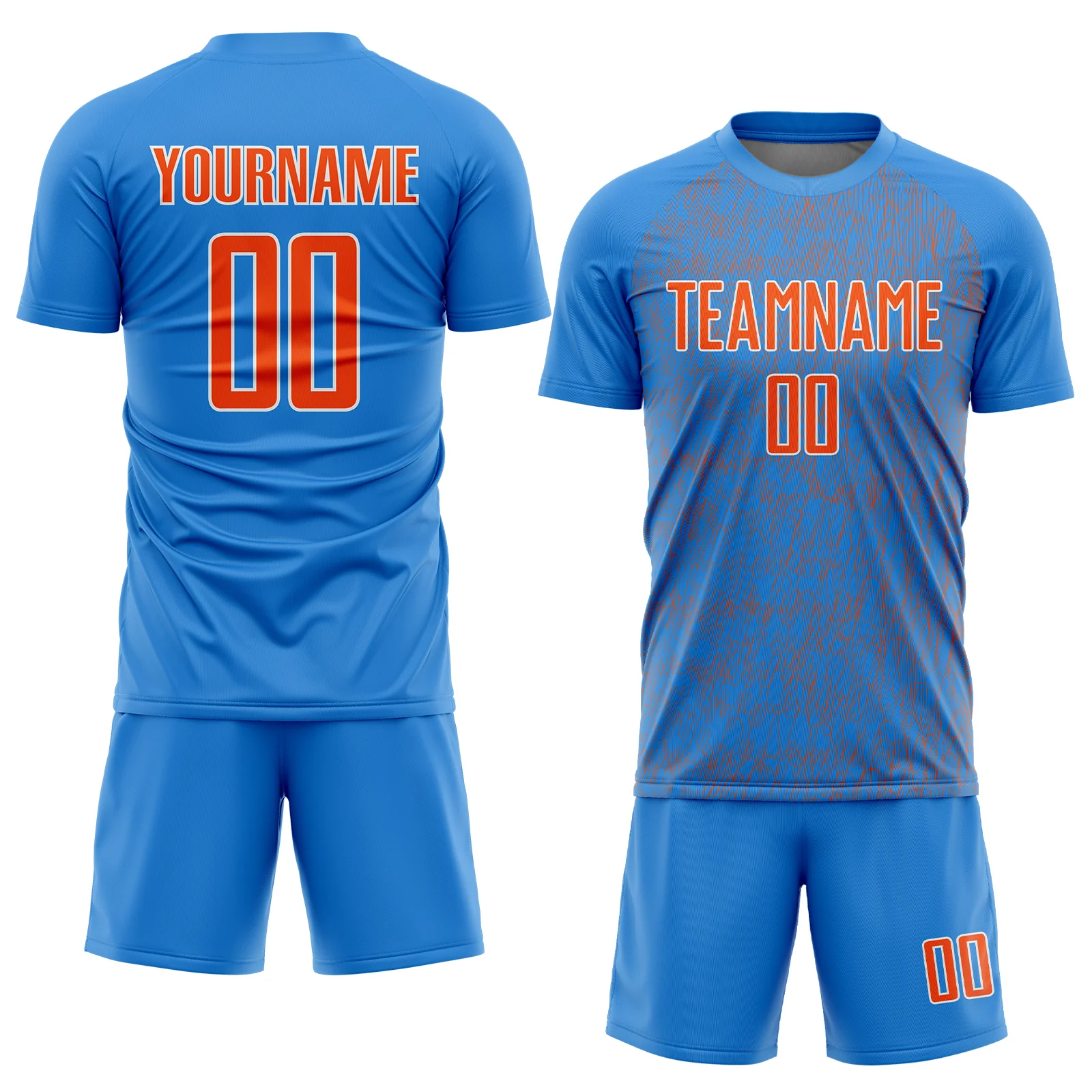 Custom Powder Blue Orange-White Abstract Scribble Curve Line Pattern Sports Sublimation Soccer Uniform Jersey - Image 2