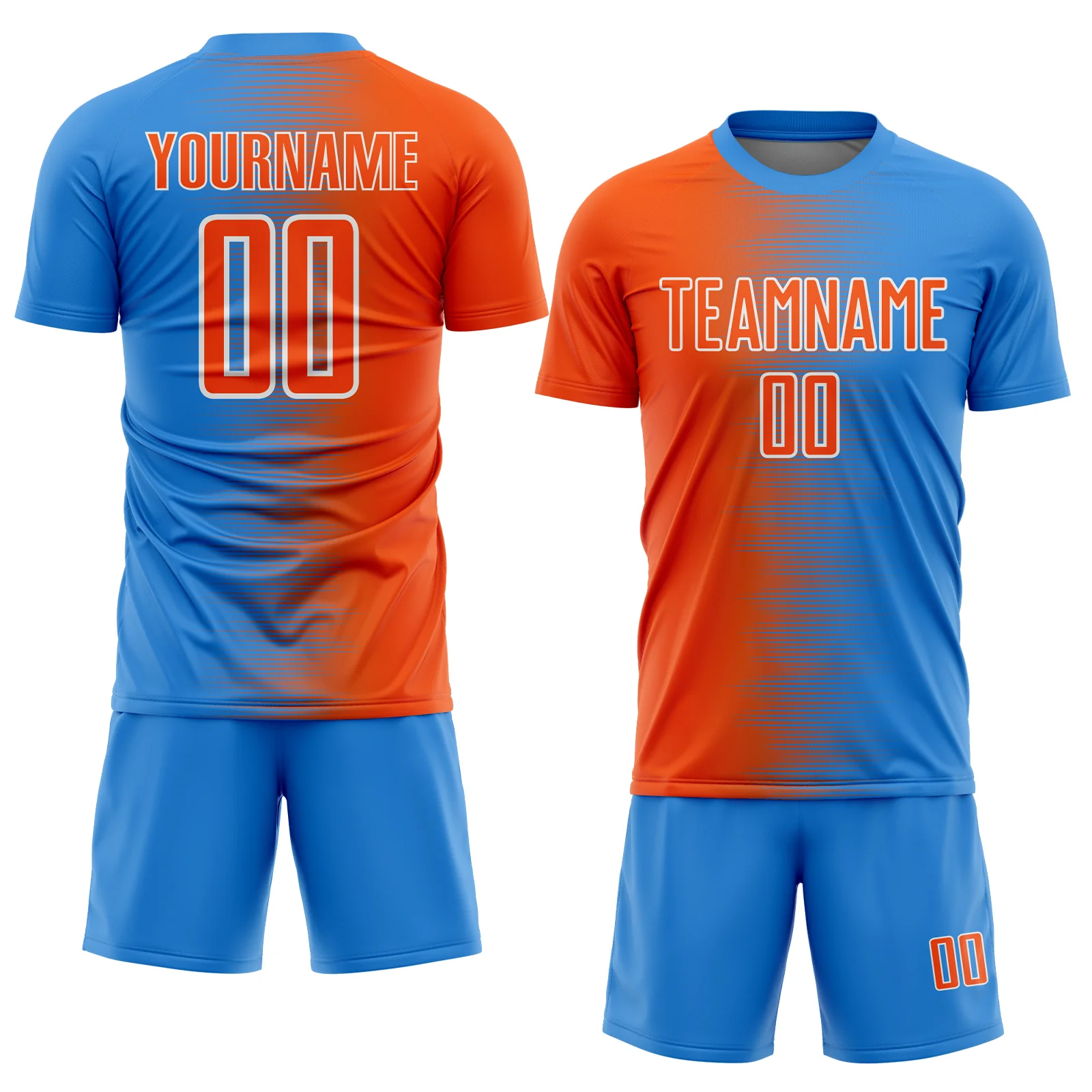 Custom Powder Blue Orange-White Gradient Line Sublimation Soccer Uniform Jersey - Image 2